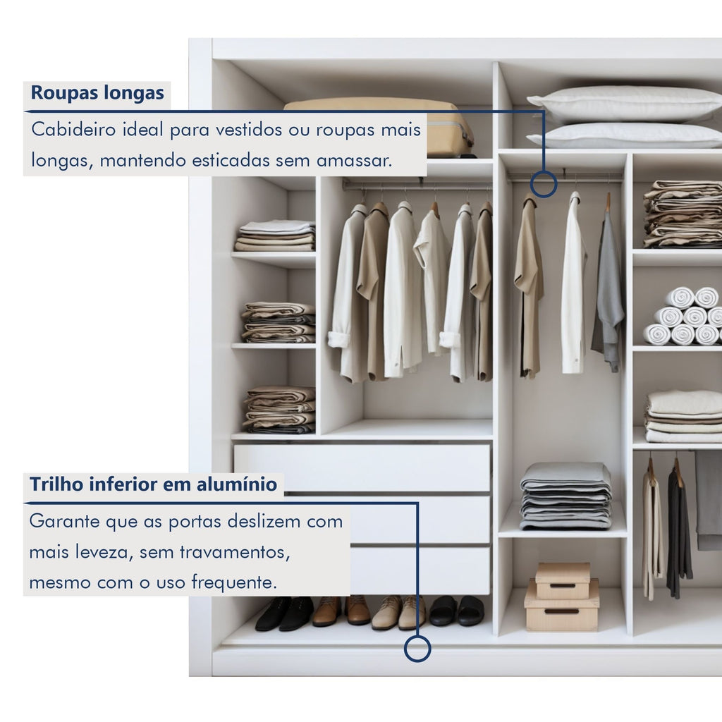 Guarda-Roupa Casal 3 Portas de Correr 6 Gavetas Liv Yescasa 100% MDP Branco