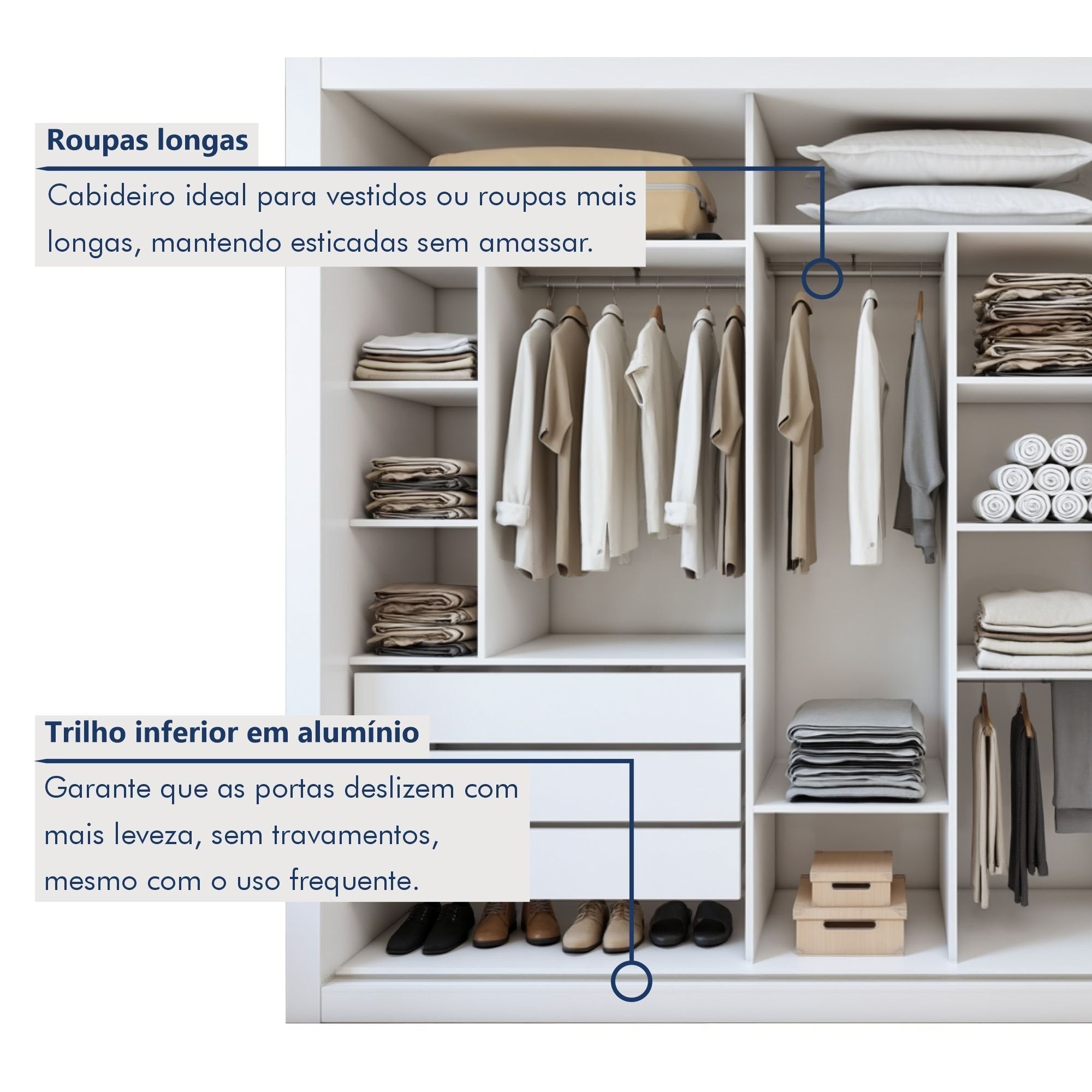 Guarda-Roupa Casal 3 Portas de Correr 6 Gavetas Liv Yescasa 100% MDP Branco