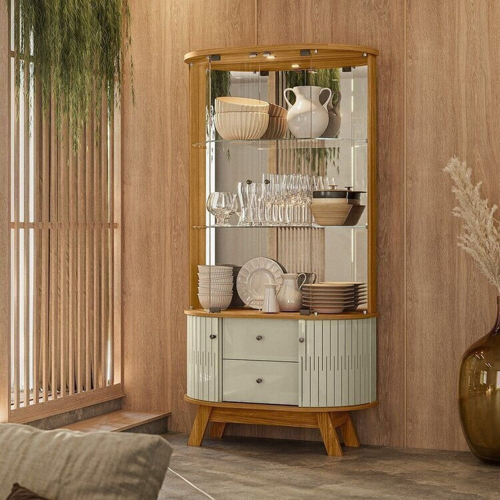 Conjunto Buffet Mônaco e Cristaleira Moss Porta Curva MDF LED Madetec