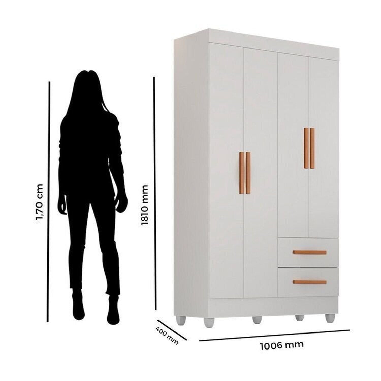 Quarto Bebê Infantil com Guarda-Roupa 4 Portas e 2 Gavetas e Cômoda 4 Gavetas Branco Móveis Leão