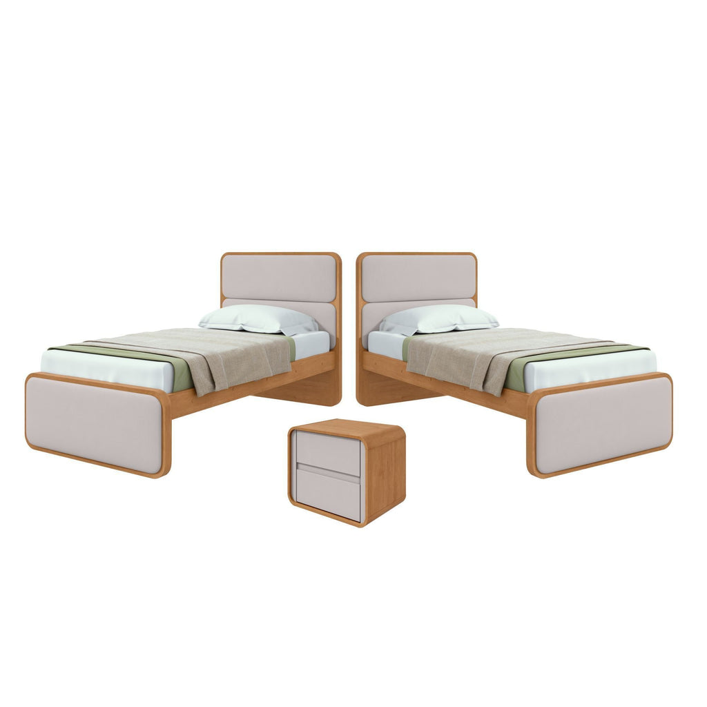 Kit 3 Peças com 2 Camas de Solteiro e Mesa de Cabeceira Loop Bege Amêndoa Clean/Off White Móveis Lopas
