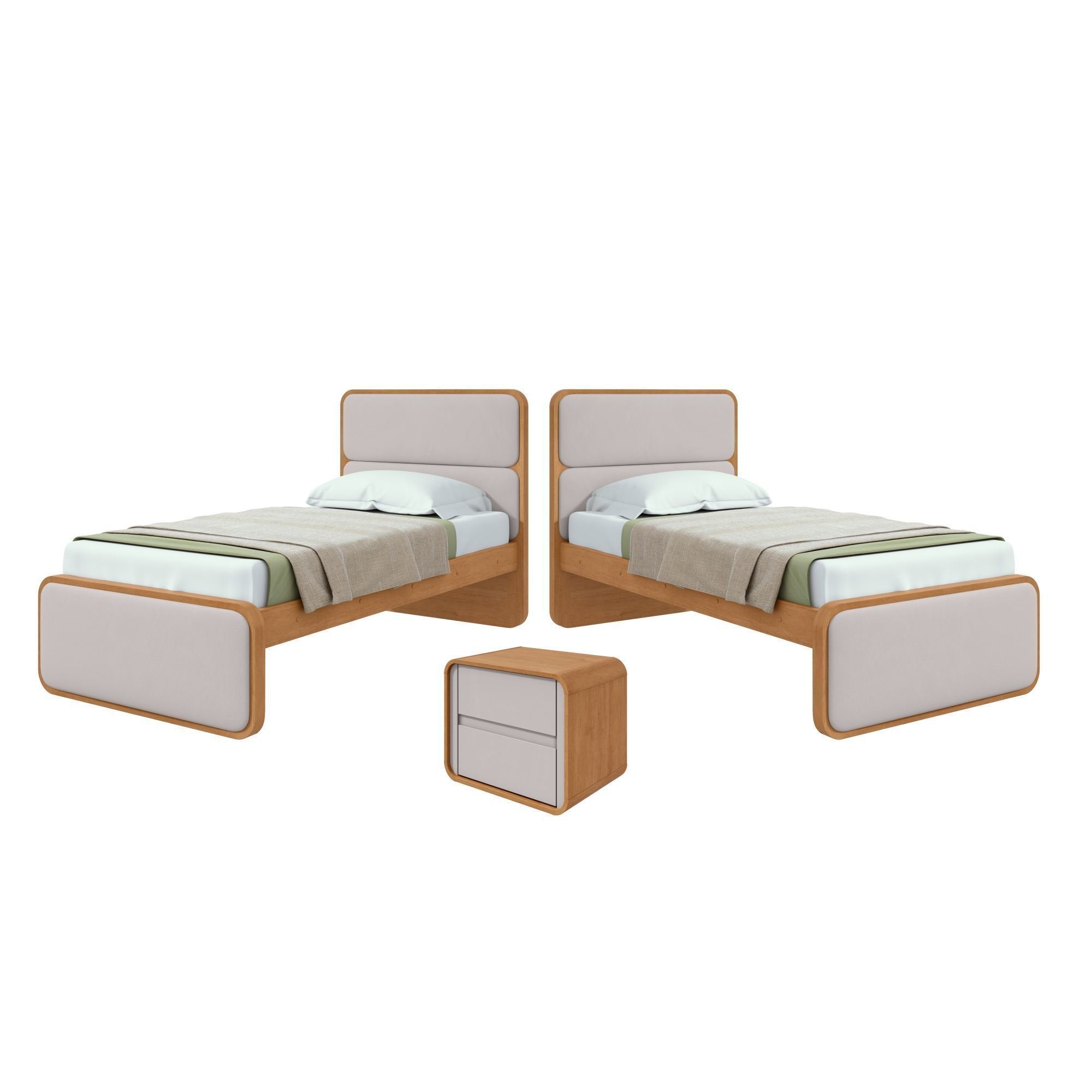 Kit 3 Peças com 2 Camas de Solteiro e Mesa de Cabeceira Loop Bege Amêndoa Clean/Off White Móveis Lopas