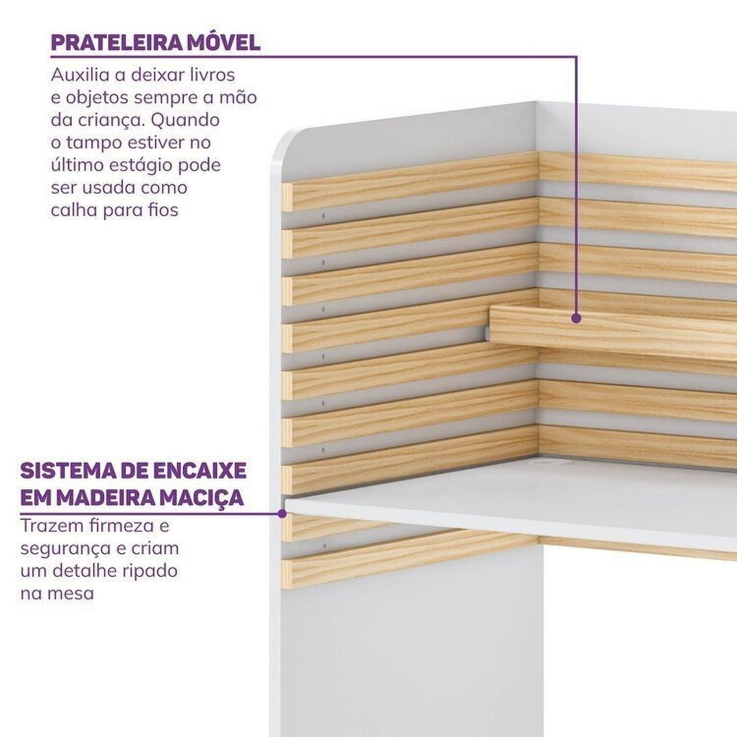 Conjunto Infantil Mesa e Cadeira Evolutiva, Prateleira e Guarda-Roupa Modulado Wave Casatema MadeiraOriginals Branco/Marrom