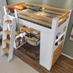 Cama Alta Beliche Office Adulto Multifuncional com 6 Gavetas Micenas Yescasa Branco/Freijó