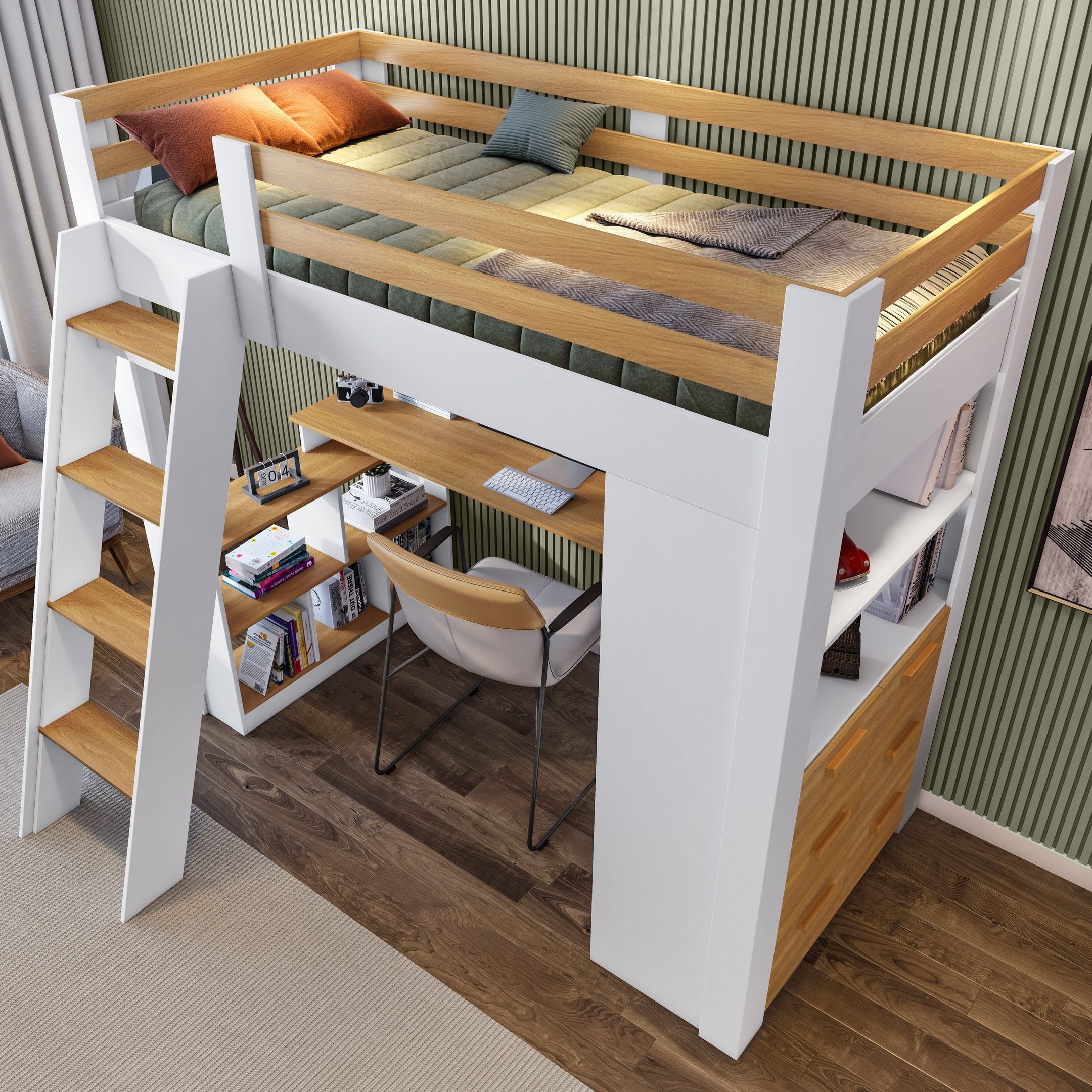 Cama Alta Beliche Office Adulto Multifuncional com 6 Gavetas Micenas Yescasa Branco/Freijó