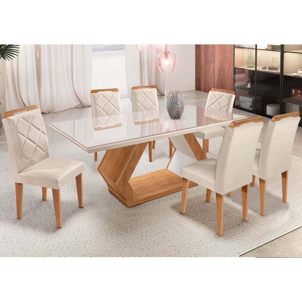 Conjunto Sala de Jantar Mesa Retangular Tampo Vidro/MDF Alvorada 180x90 com 6 Cadeiras Melissa Rufato