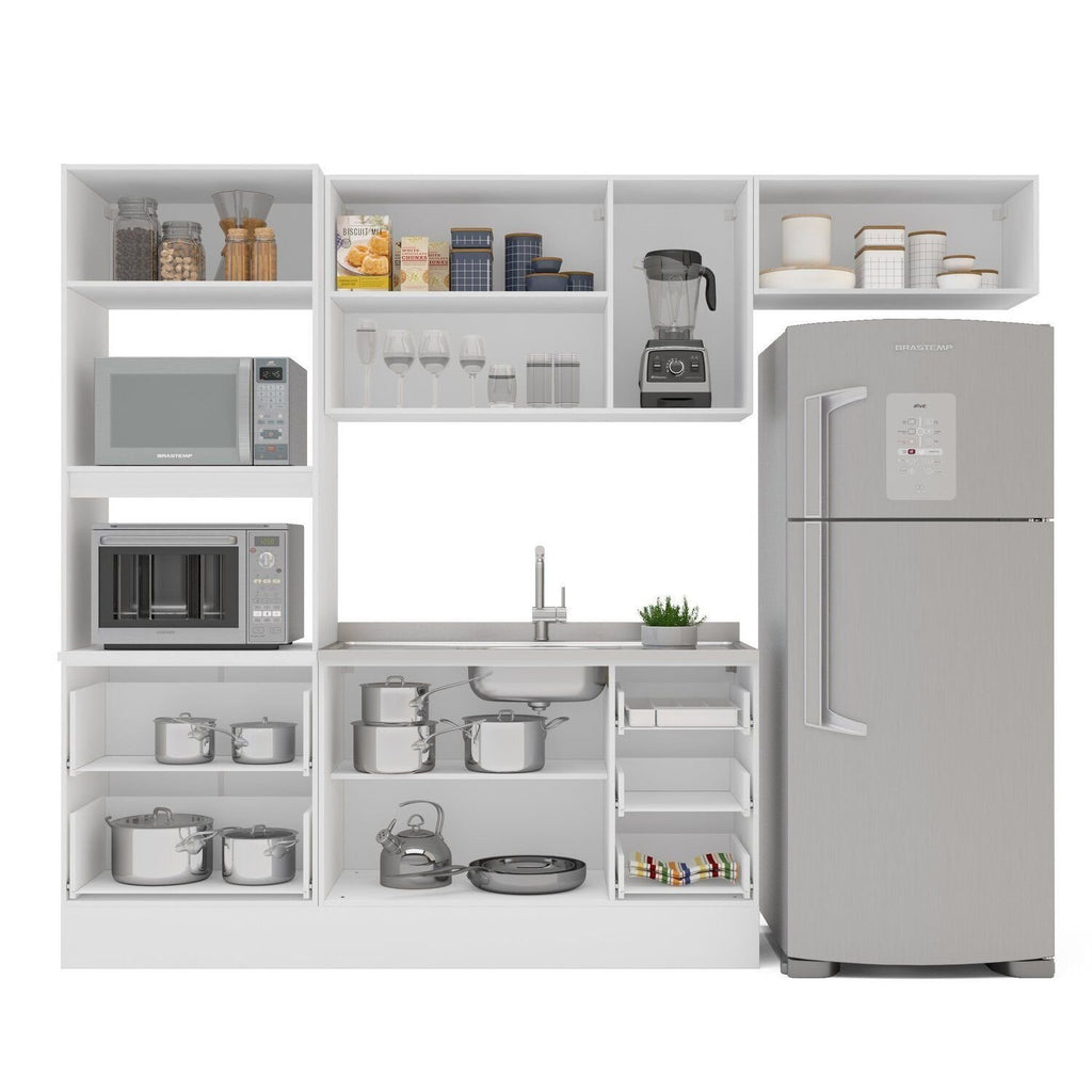 Cozinha Completa Modulada Pérola 4 Peças Torre Quente Aéreo 3 Portas Balcão 2 Gavetas Basculante Azul/Branco 270,2x219,4x52cm