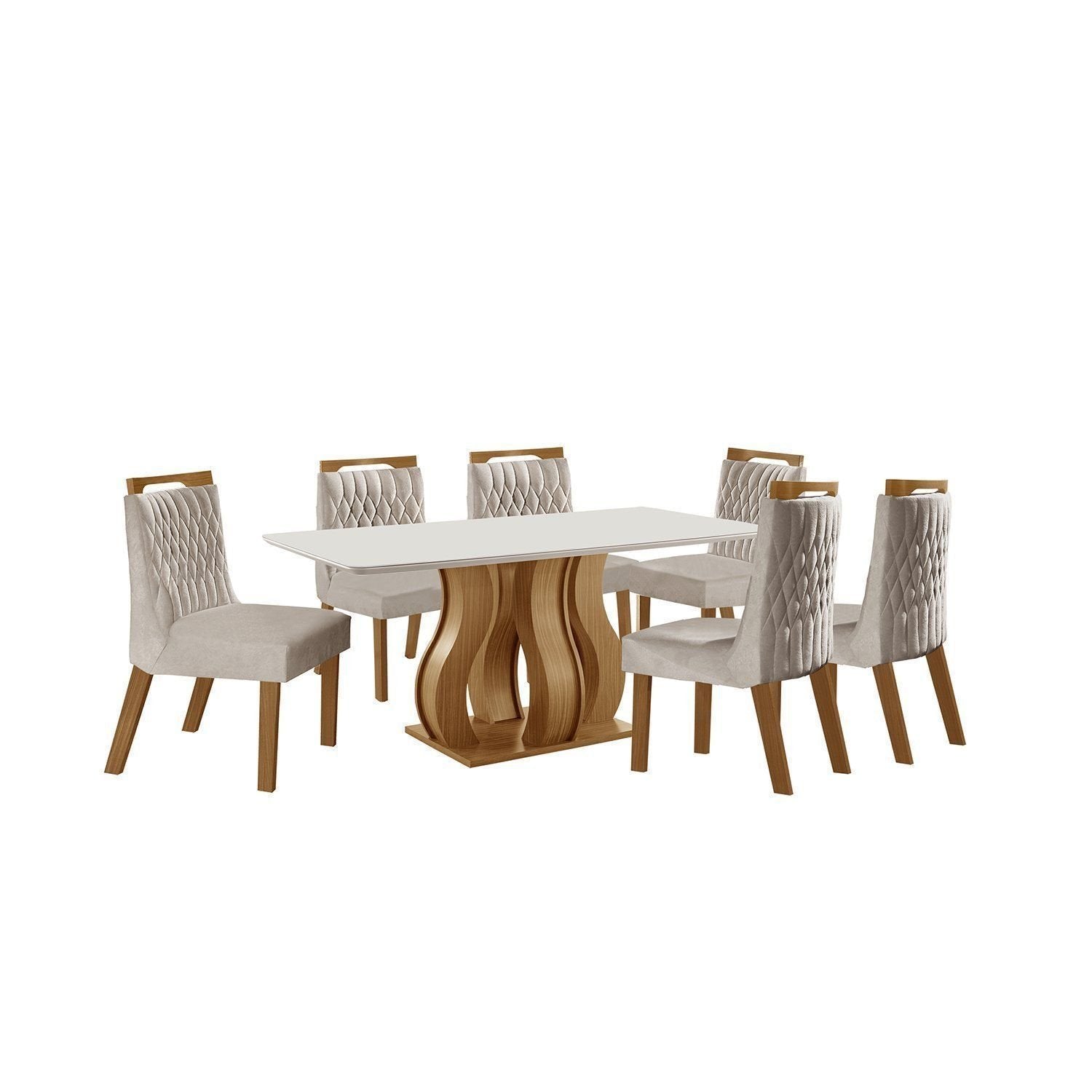 Conjunto Sala de Jantar Mesa Retangular Tampo Vidro/MDP com 6 Cadeiras Atena Estofadas Suede Espresso Móveis Castanho/Cinamomo/Bege Marrom/Pena/Off White