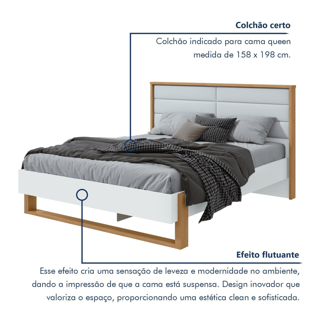 Cama Queen com LED e Pés Flutuantes Freetown Móveis Lopas Marrom Amêndoa Clean/Branco
