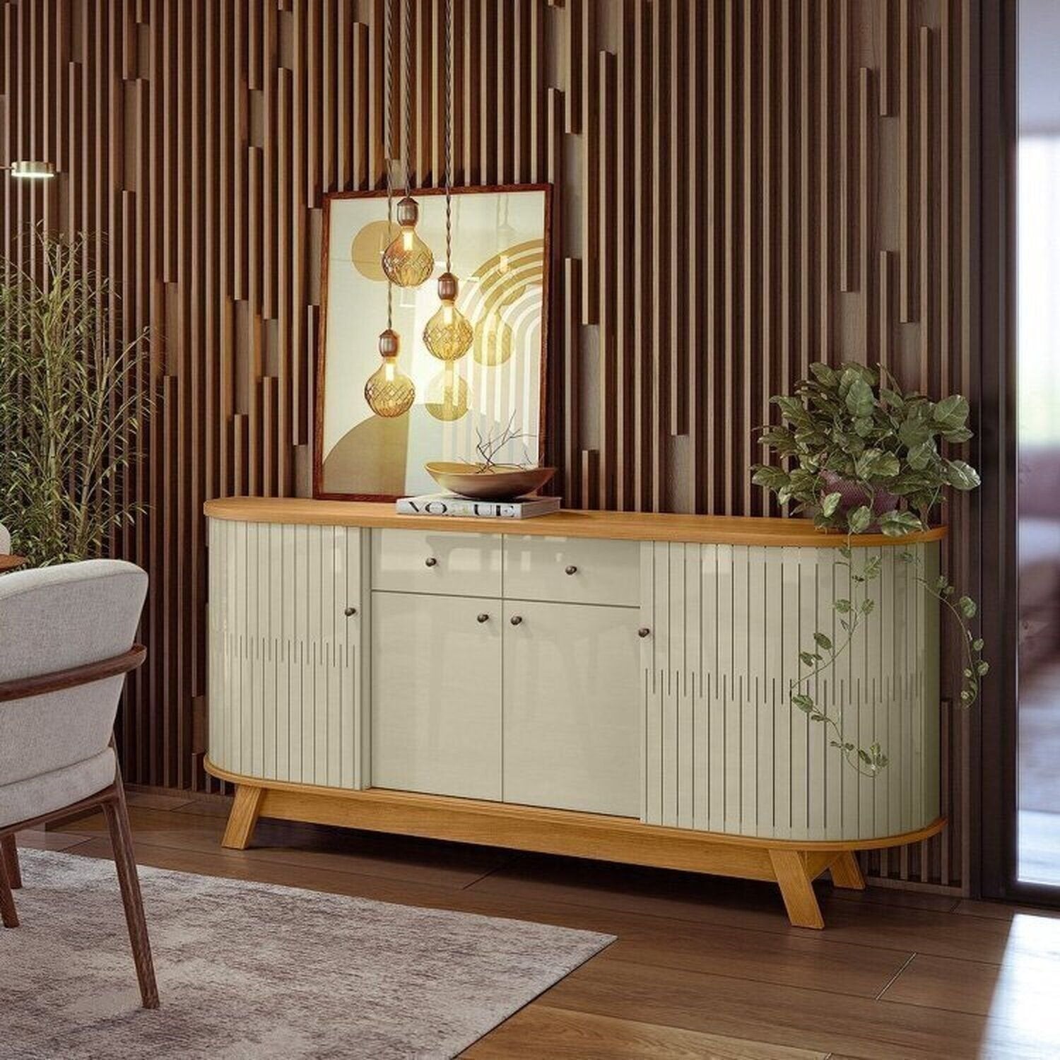 Conjunto Buffet Mônaco e Cristaleira Moss Porta Curva MDF LED Madetec