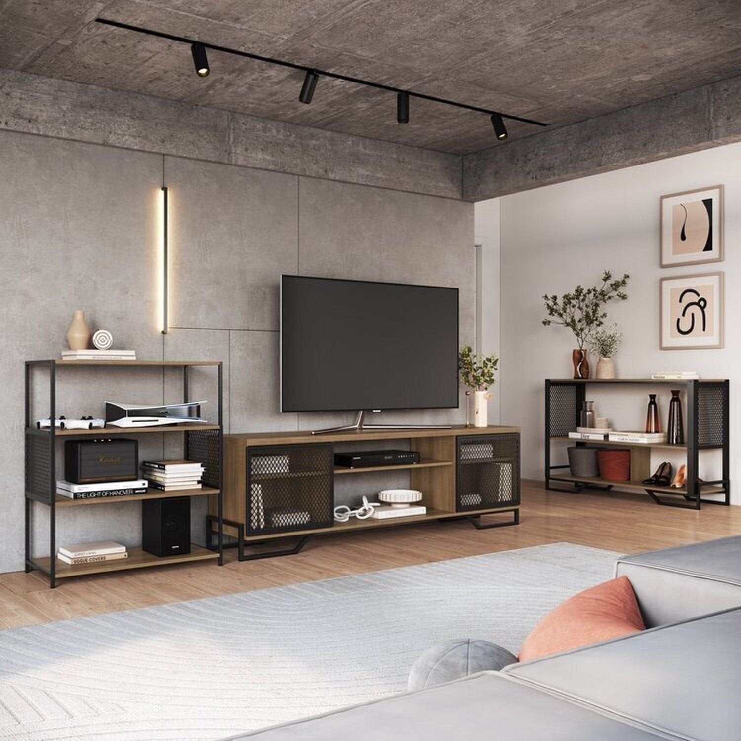 Conjunto Sala de Estar Completa Rack TV 60 Polegadas, Estante e Aparador Industrial Telado Marrom Espresso Móveis