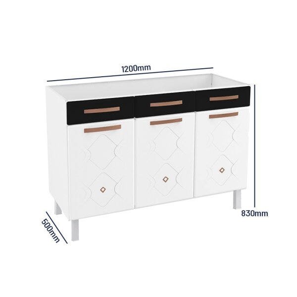 Balcão de Cozinha em Aço Triplo para Pia 120cm Mirage New Telasul Preto/Branco