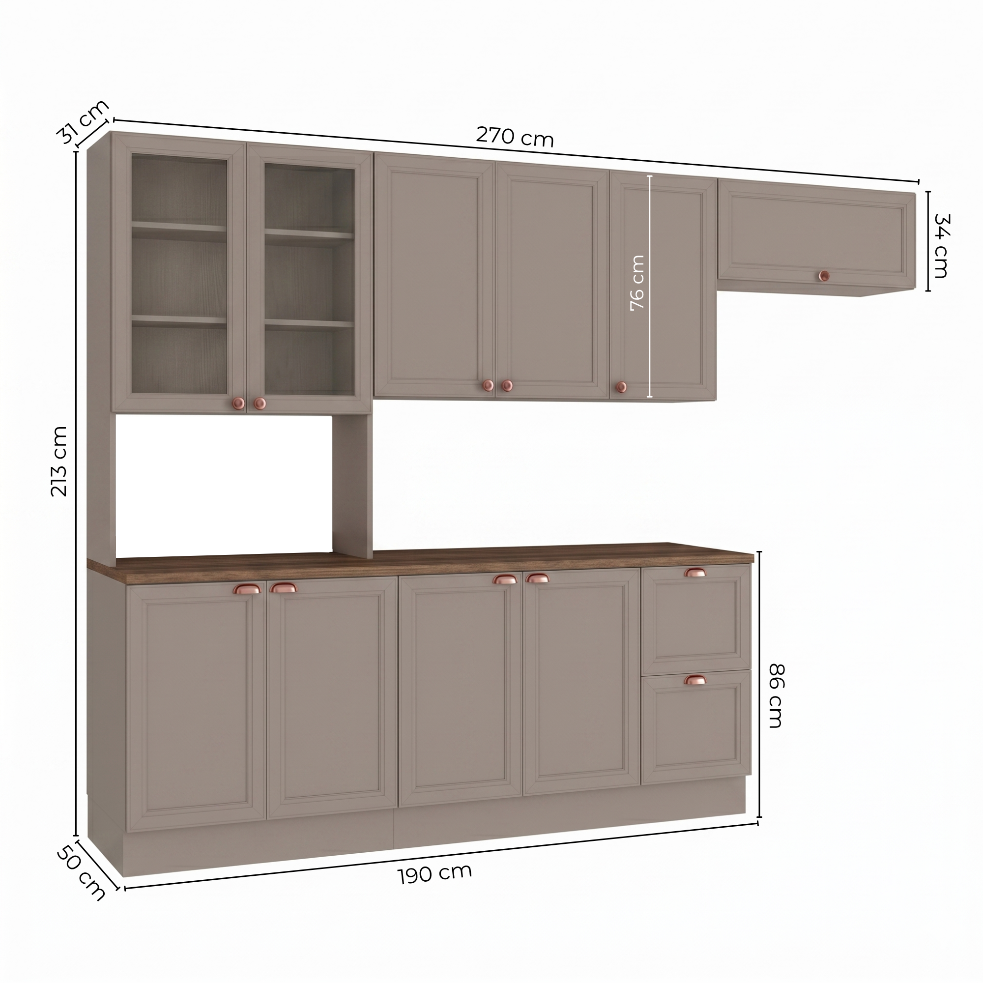 Cozinha Completa Modulada Americana 4 Peças com Paneleiro Torre Quente e Balcão com Tampo Unna Poliman Móveis