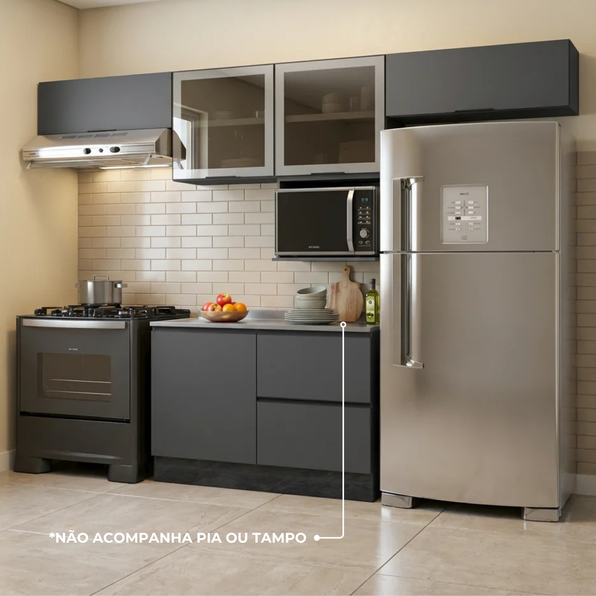 Cozinha Completa Modulada 5 Peças com Nicho para Micro-Ondas e Balcão para Pia sem Tampo Etna Poliman Móveis Grafite/Preto