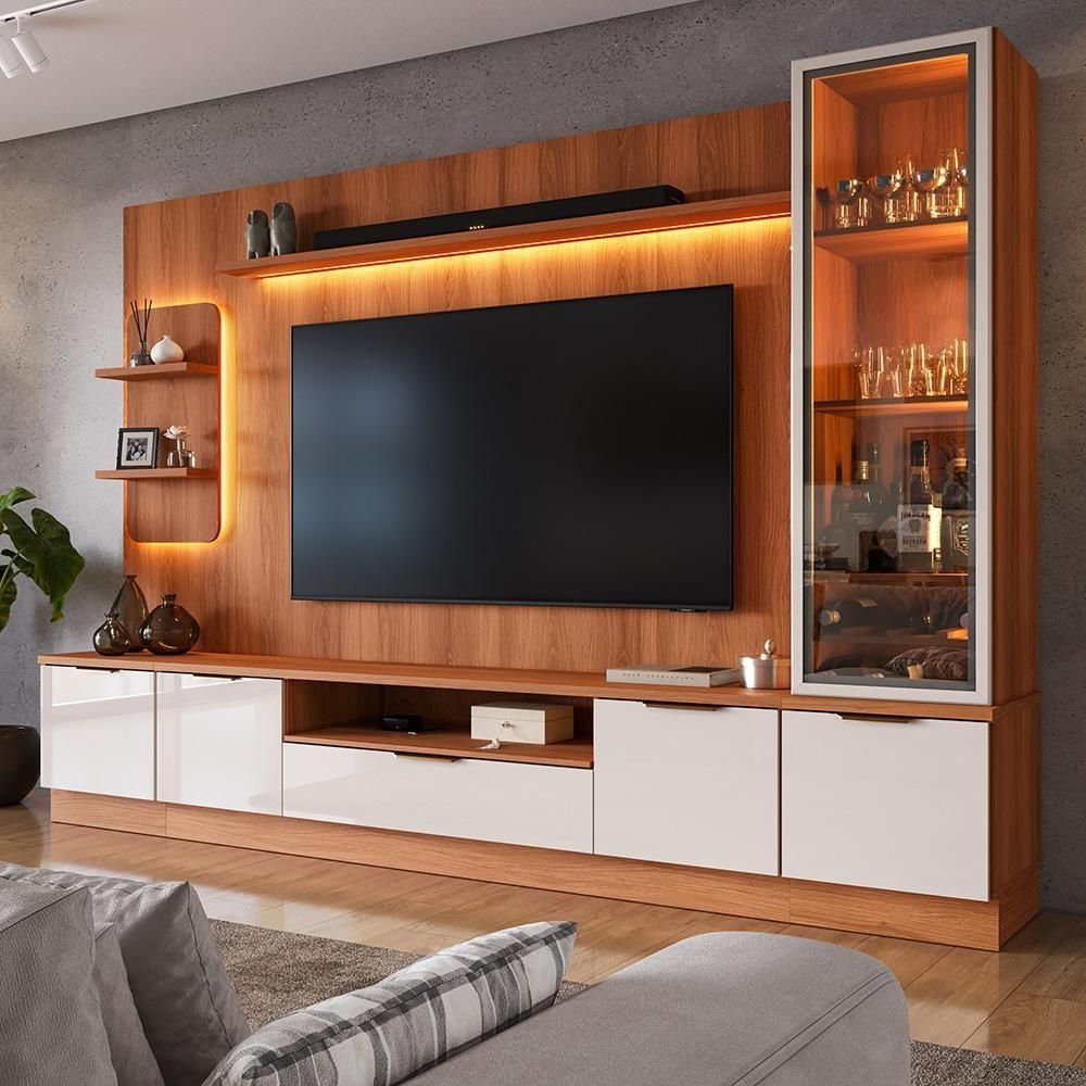 Estante Home Noble 270cm para TV até 75” com Cristaleira, Torre com LED e Portas Reflecta em MDP/MDF Movelove