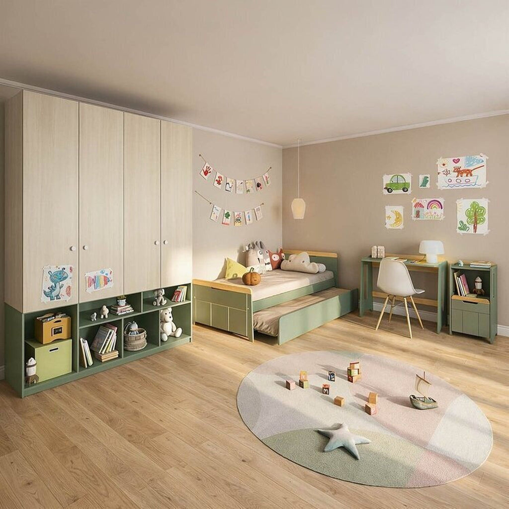 Quarto Infantil Completo Guarda-Roupa Curió Bicama Escrivaninha Estante Petit Verde/Mel Casatema