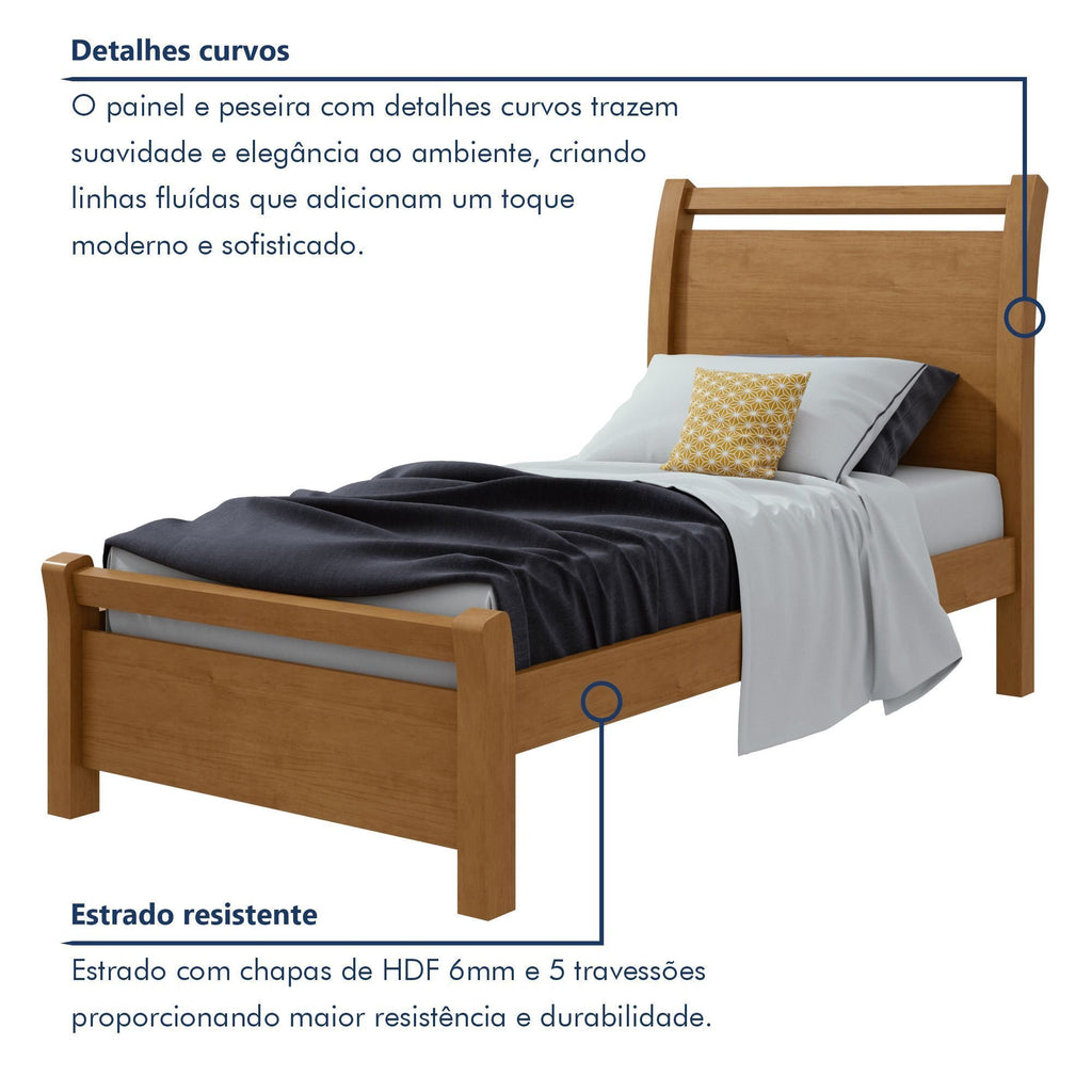 Cama Solteiro Cabeceira Curva MDF Móveis Lopas Reali Plus Amêndoa Clean
