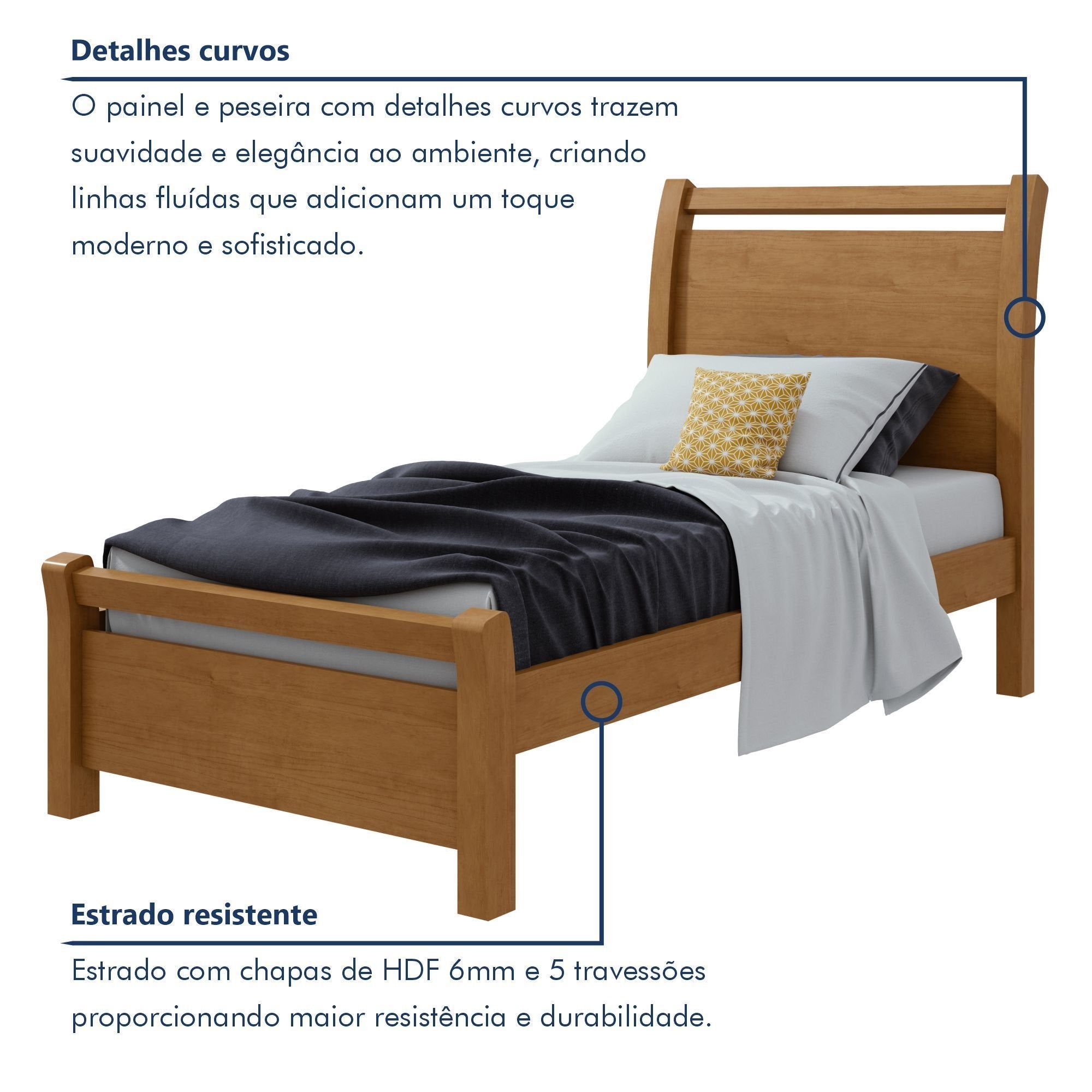 Cama Solteiro Cabeceira Curva MDF Móveis Lopas Reali Plus Amêndoa Clean