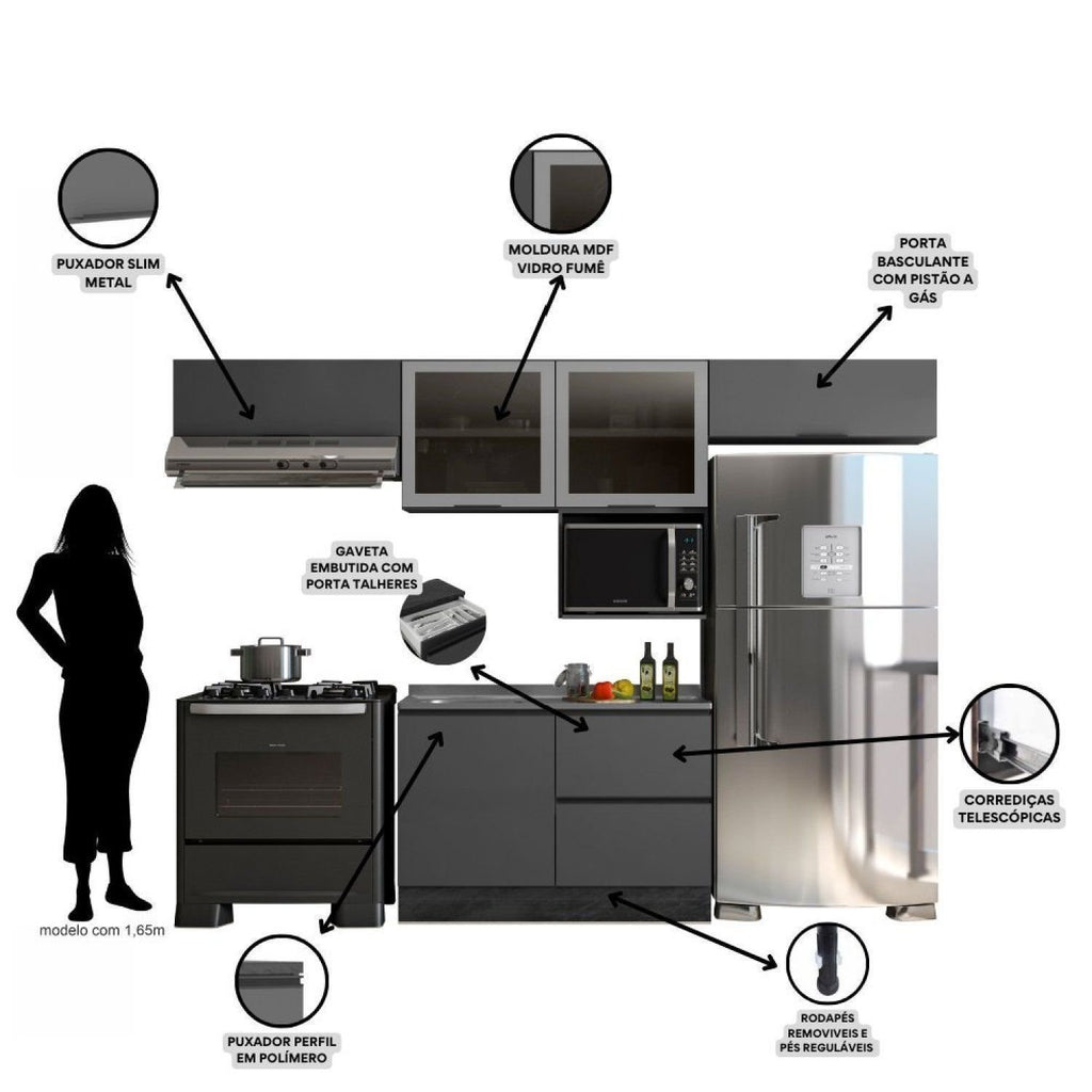 Cozinha Completa Modulada 5 Peças com Nicho para Micro-Ondas e Balcão para Pia sem Tampo Etna Poliman Móveis Grafite/Preto