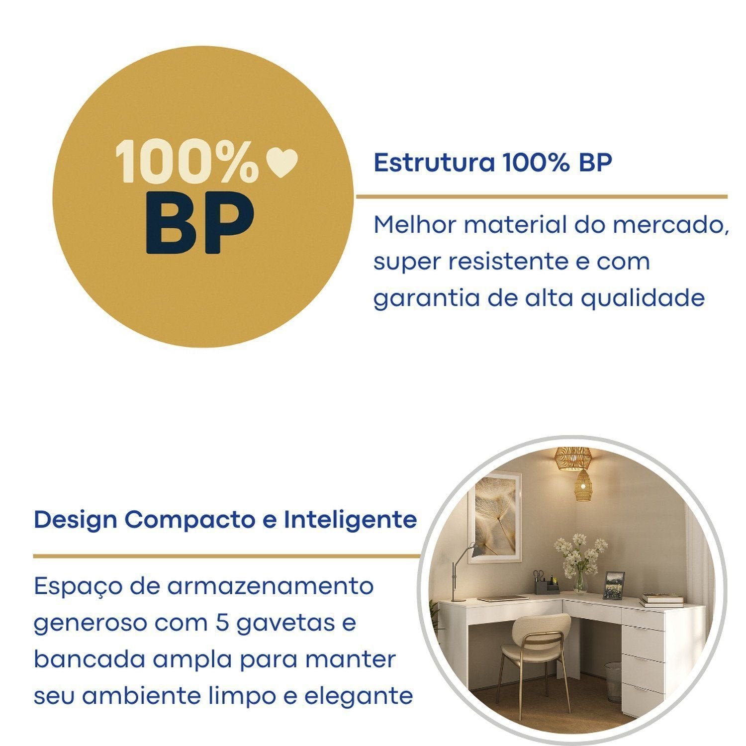 Escrivaninha em L com Mesa Escritório 5 Gavetas 152cm Branco Foscarini