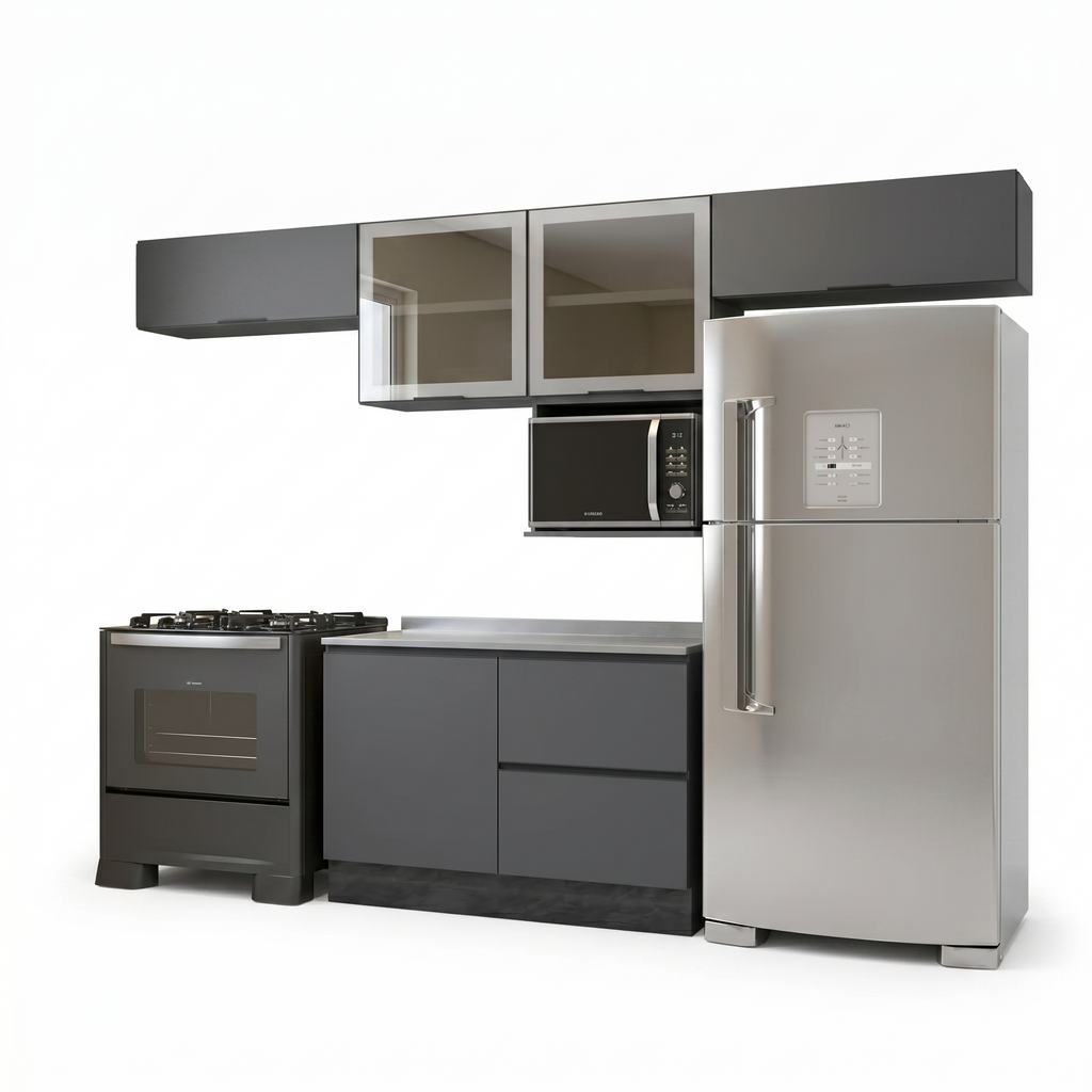 Cozinha Completa Modulada 5 Peças com Nicho para Micro-Ondas e Balcão para Pia sem Tampo Etna Poliman Móveis Grafite/Preto