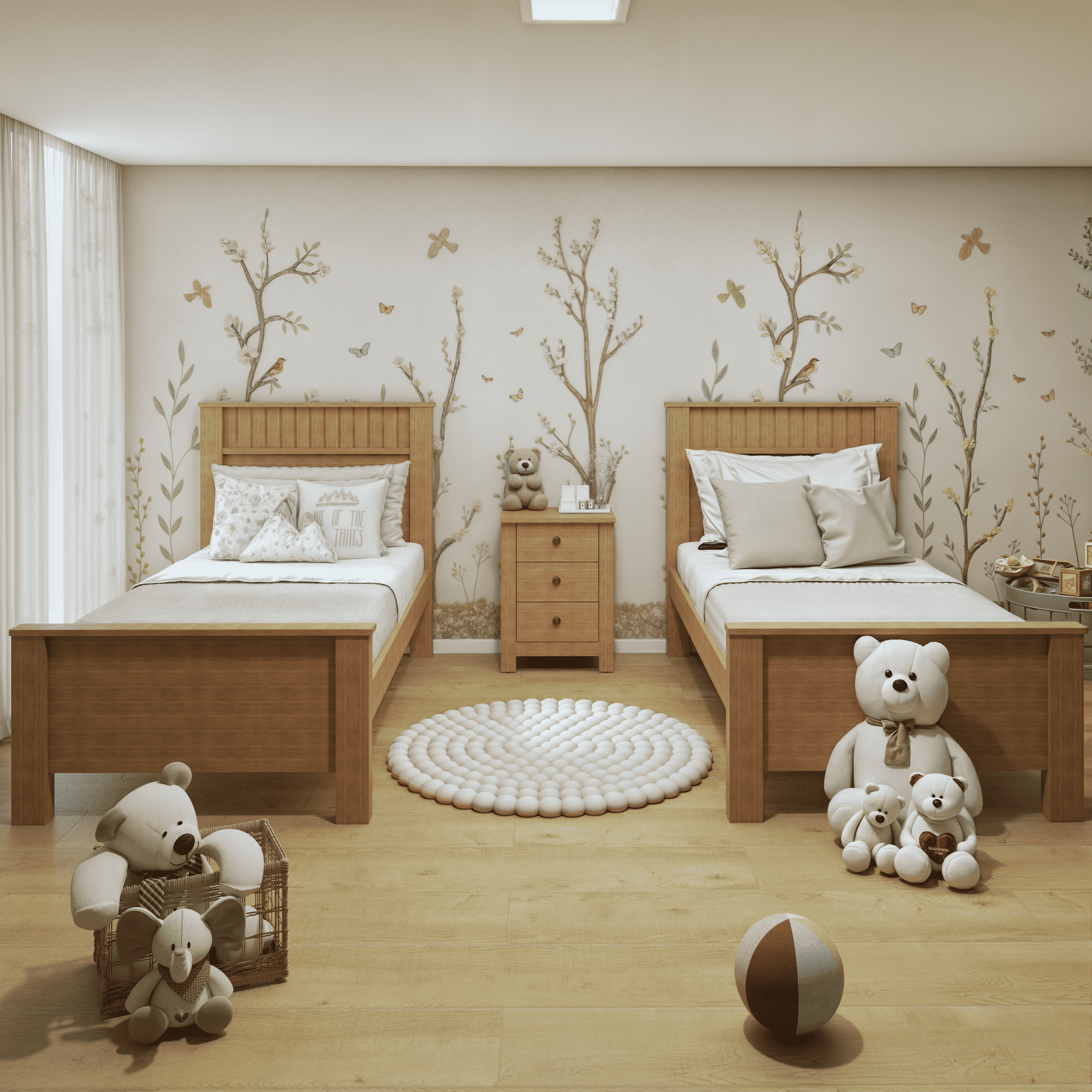 Kit Quarto Infantil 3 Peças com 2 Camas Solteiro e Mesa de Cabeceira Athenas Maggiore Amêndoa Clean