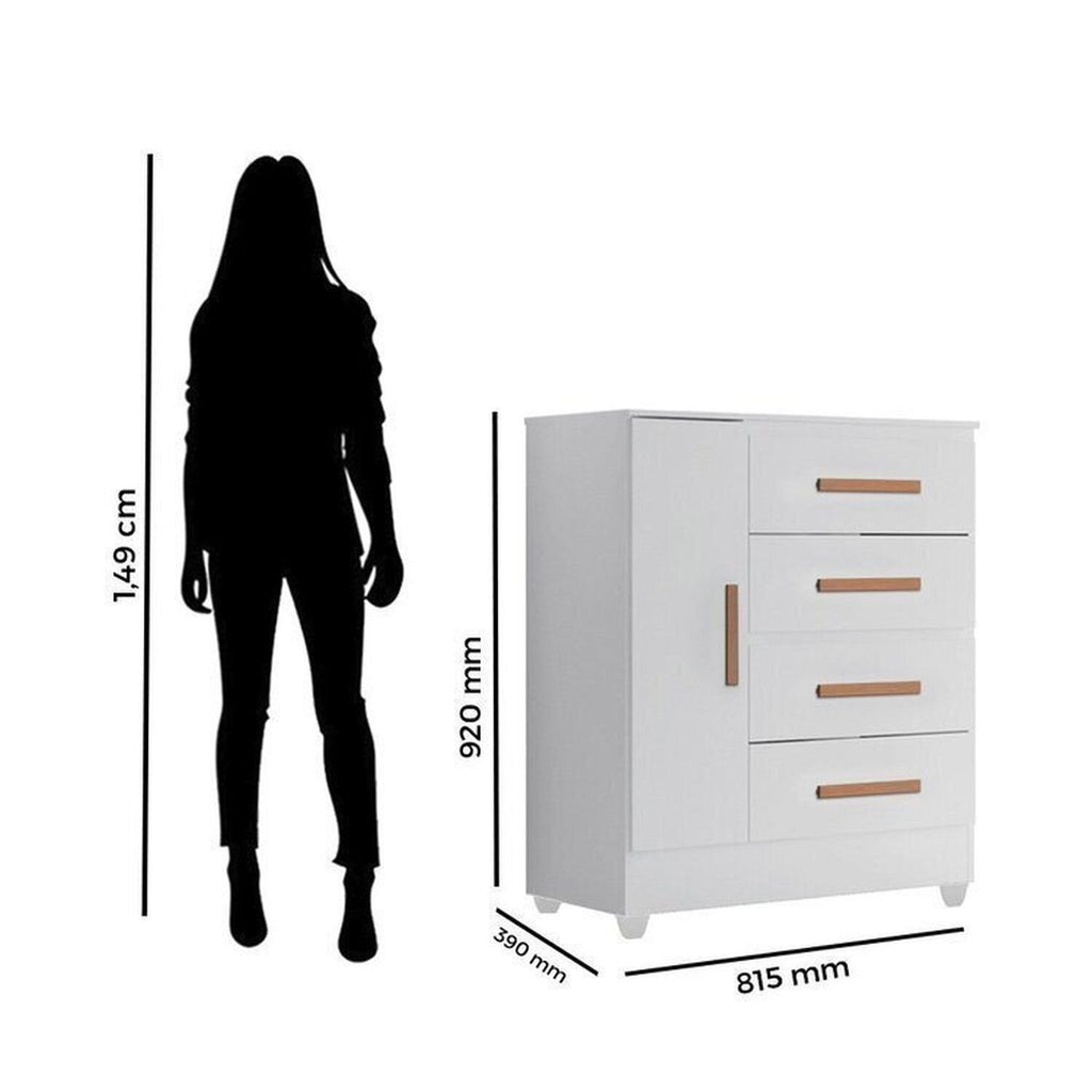 Quarto Bebê Infantil com Guarda-Roupa 4 Portas e 2 Gavetas com Cômoda 4 Gavetas e 1 Porta Aconchego Móveis Leão Branco