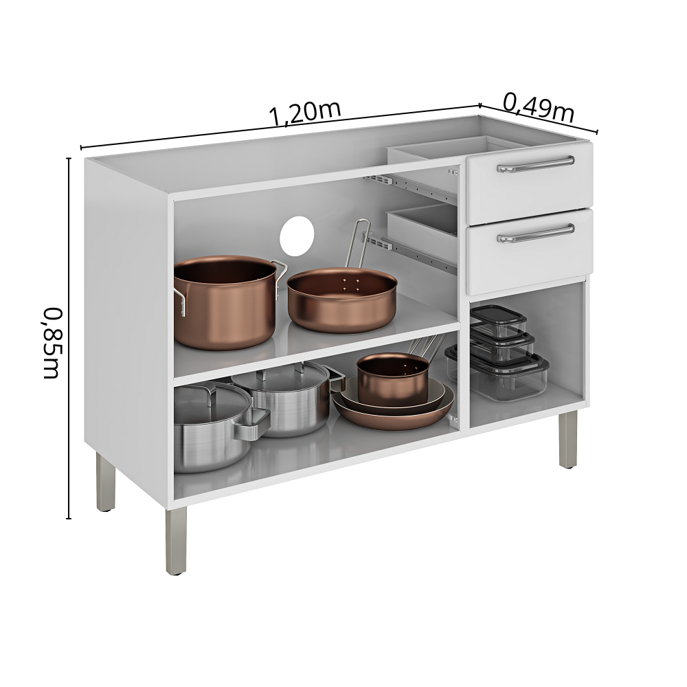 Balcão Cozinha em Aço 3 Portas 2 Gavetas 120cm sem Tampo Dobradiças Slow Motion Tarsila Itatiaia Branco