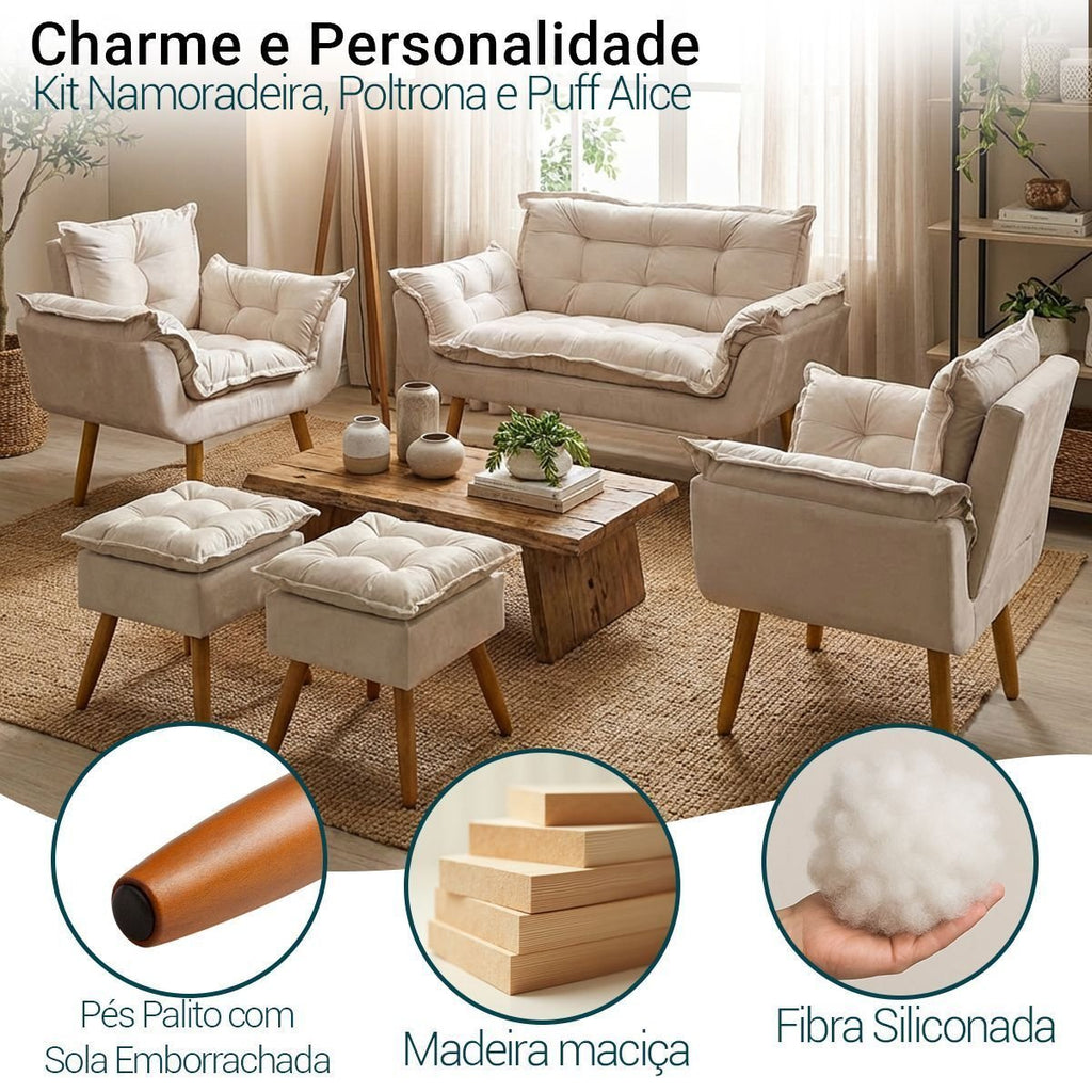 Kit Namoradeira 2 Poltronas e 2 Puffs para Sala Recepção Manicure Consultório Alice Suede