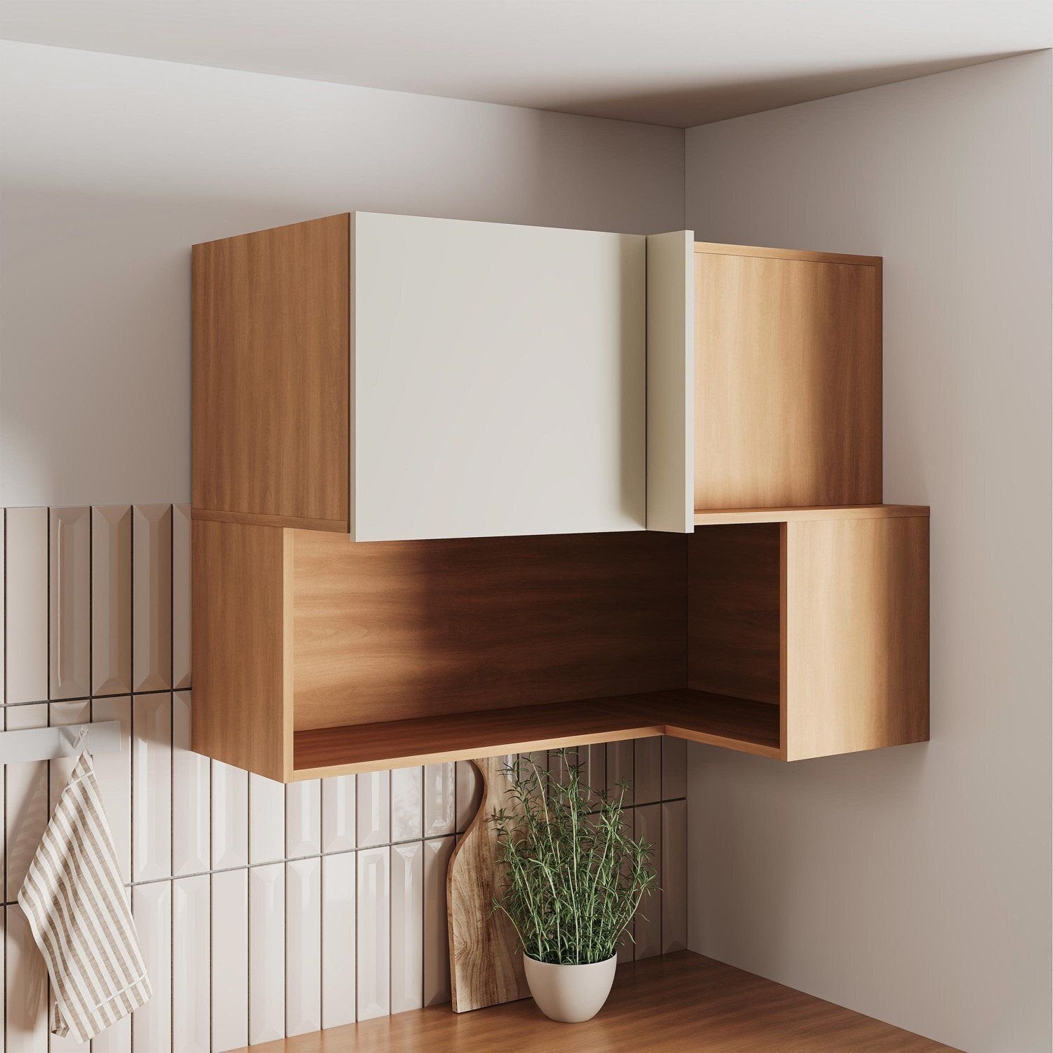 Armário Aéreo Canto Reto 1 Porta com Nicho 95cm Aroeira CabeCasa MadeiraOriginals Cinza/Sereno/Cedro