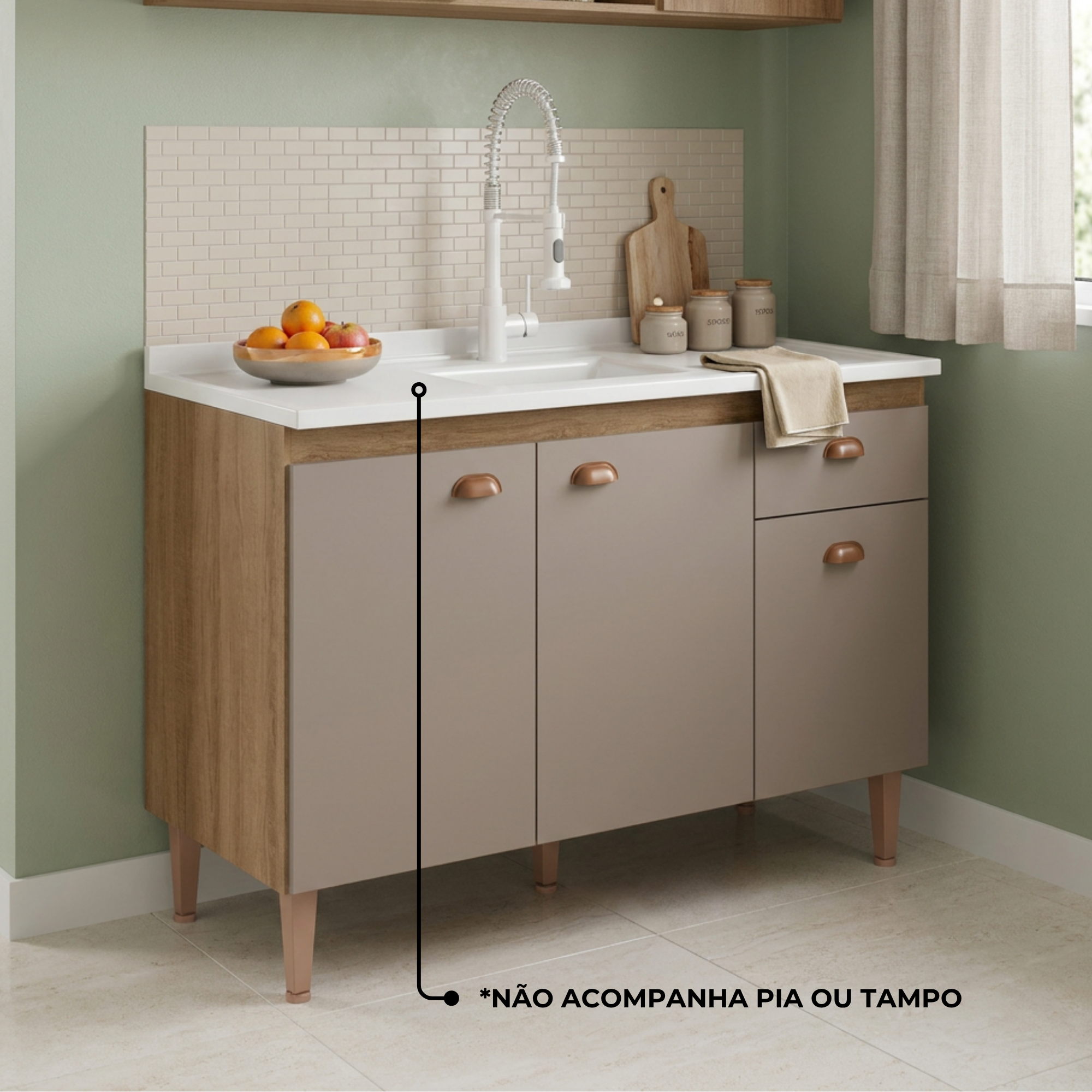Balcão de Cozinha para Pia 3 Portas 1 Gaveta 120cm sem Tampo Marti Yescasa Mel/Fendi Cinza