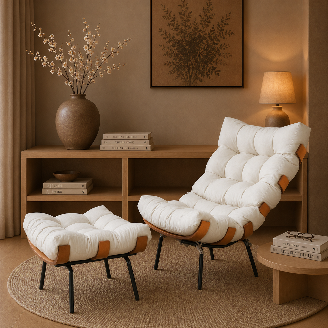 Poltrona com Puff em Linho Costela Bege/Off White 67cm House Deccor