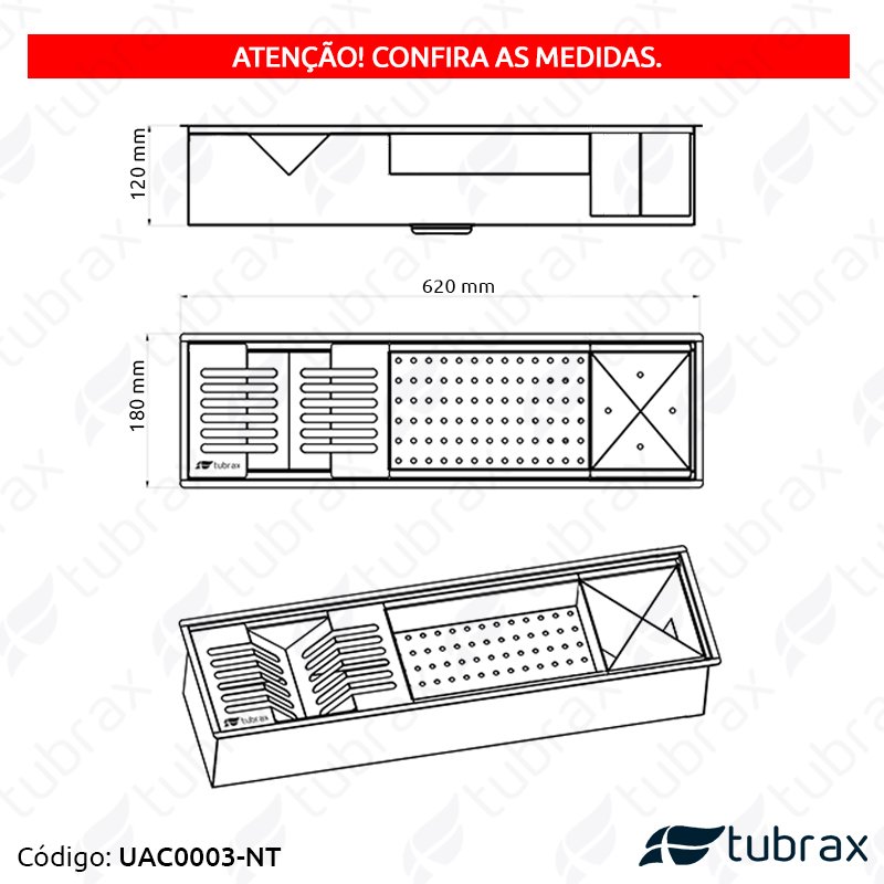 Canal Úmido Organizador Calha de Cozinha em Aço Inox 304 C/3 Módulos e Tampa Tubrax UAC0003-NT