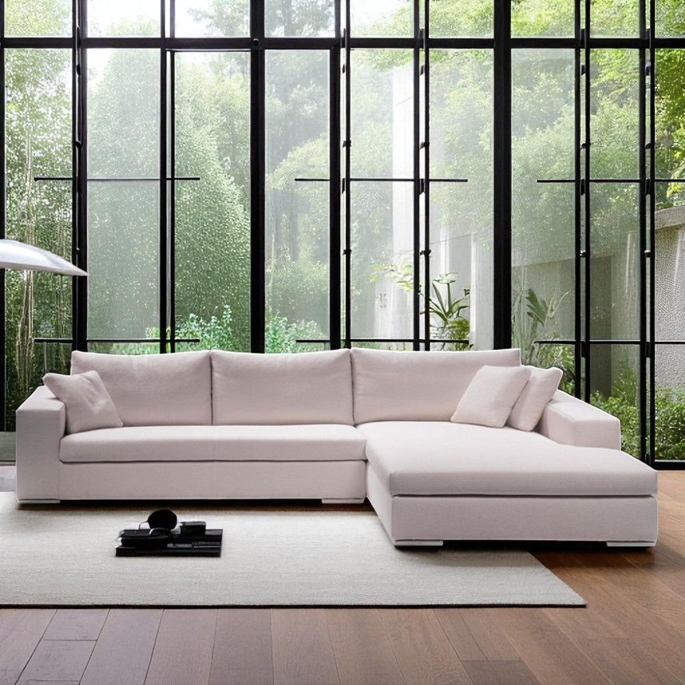 Sofá 5 Lugares com Chaise Revestimento Sarja Branca Chaise Lado Direito 3,20m X 1,70m ENZ006 Sofá Direto Da Fábrica