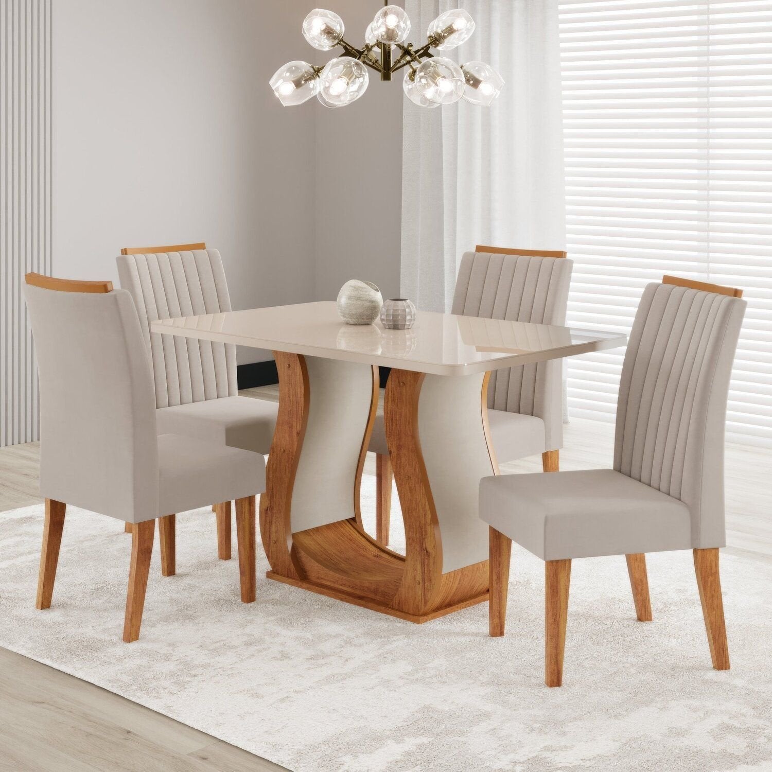 Conjunto Sala de Jantar Mesa 120x80,7cm Tampo com Vidro 4 Cadeiras Inspirare Yescasa Bege/Mel