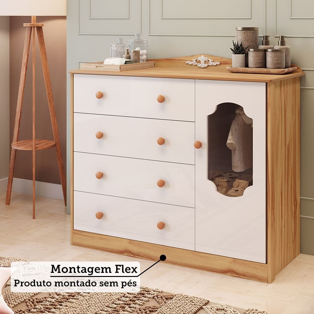 Cômoda de Bebê 120,3cm 1 Porta com Janela e 4 Gavetas Maya Provençal Yescasa Branco/Brilho/Amêndoa