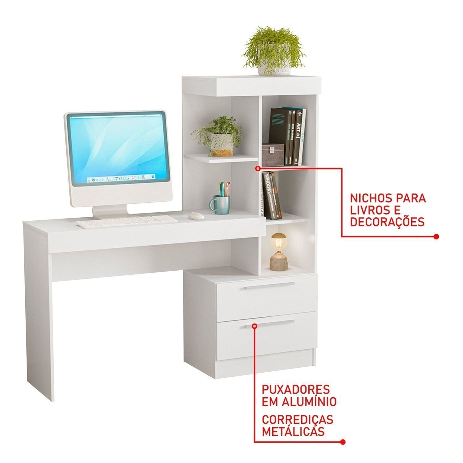 Escrivaninha Mesa Escritório com Estante Office Nt 2010 2 Gavetas 131,5cm Notável Móveis