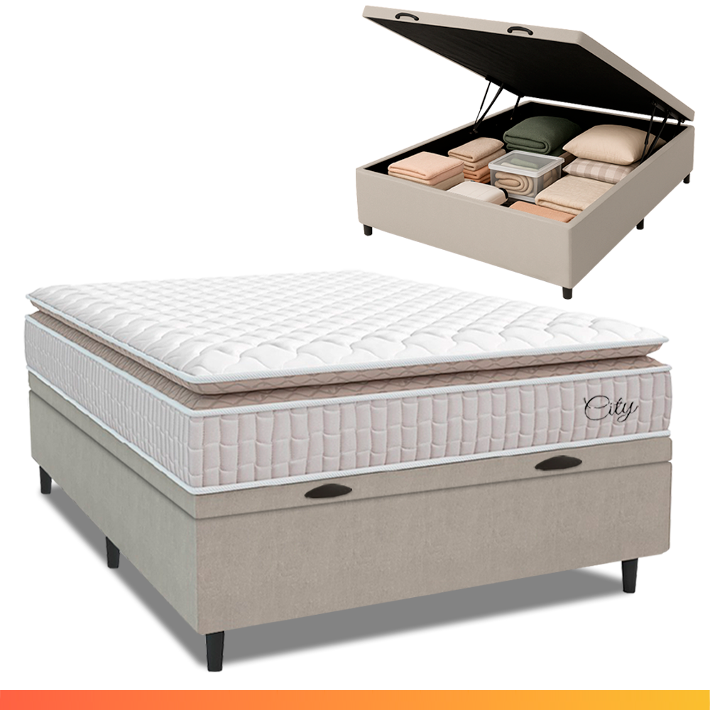 Cama Box Baú Colchão Casal Molas Ensacadas City Pillow Top Hellen 138x188x64cm