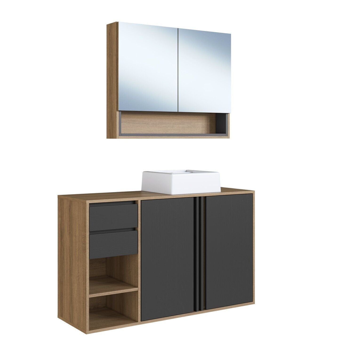 Conjunto para Banheiro Gabinete Suspenso com Cuba e Espelheira Antônia FAEMA 110cm Preto/Mel/Grafite