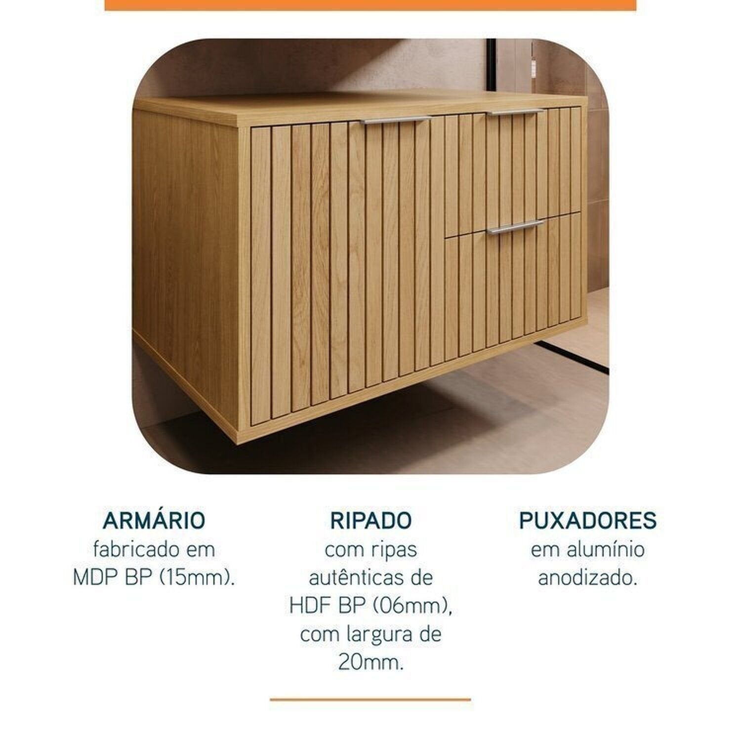 Conjunto para Banheiro Bancada em Porcelanato com Cuba Esculpida, Armário e Espelheira Ripy Bumi 60cm Amarelo/Wood