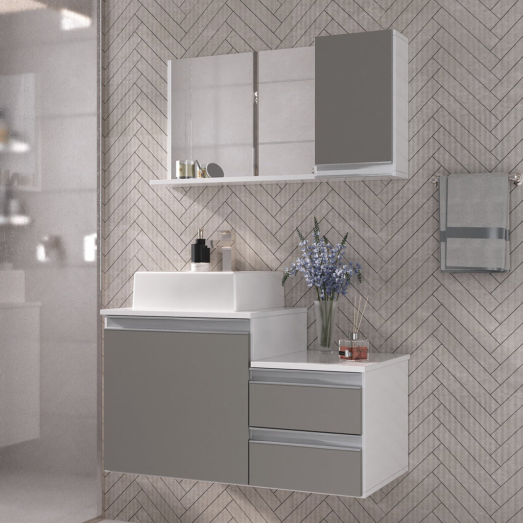 Kit Gabinete para Banheiro Completo Móveis Joia Cross 80cm Cuba Espelheira Branco