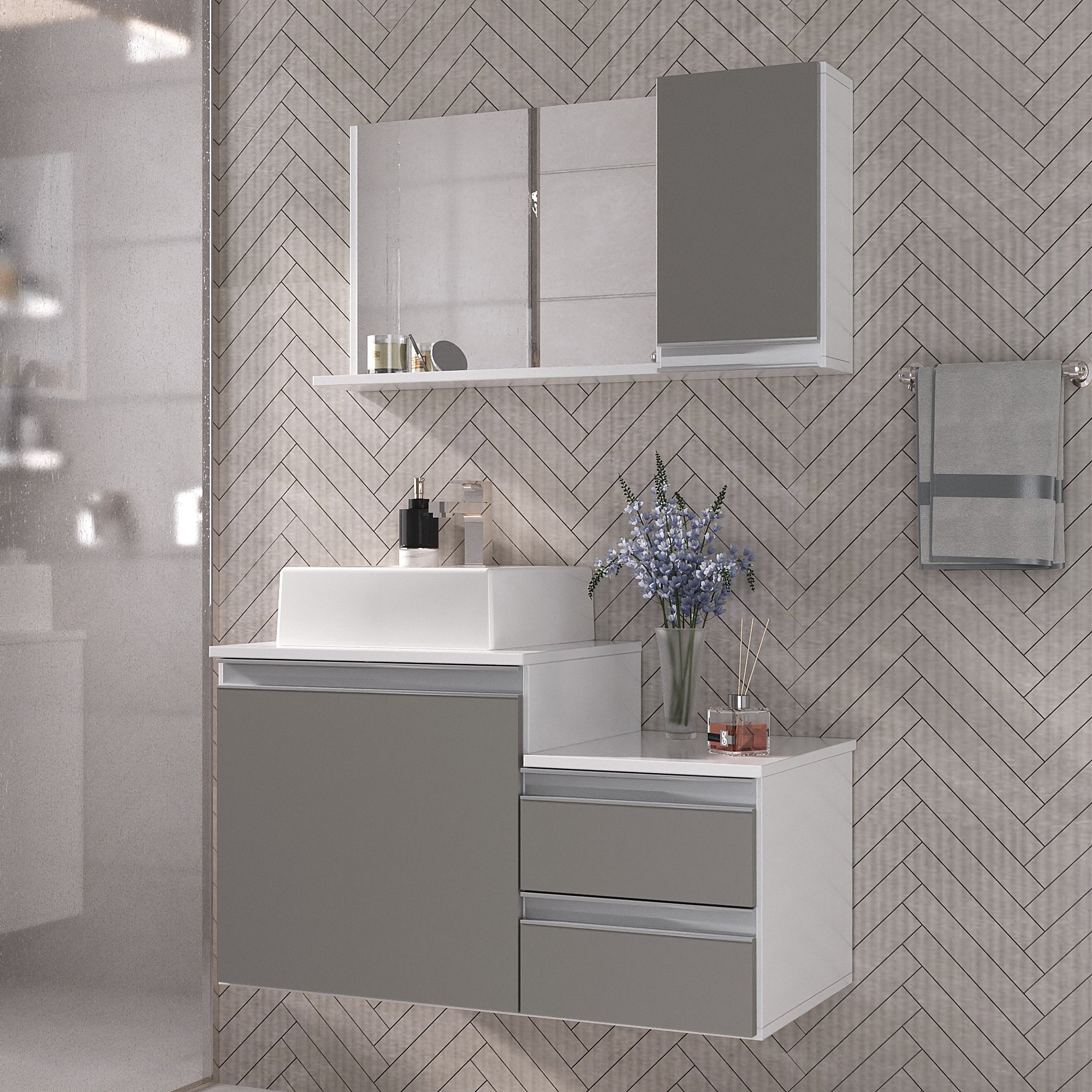 Kit Gabinete para Banheiro Completo Móveis Joia Cross 80cm Cuba Espelheira Branco