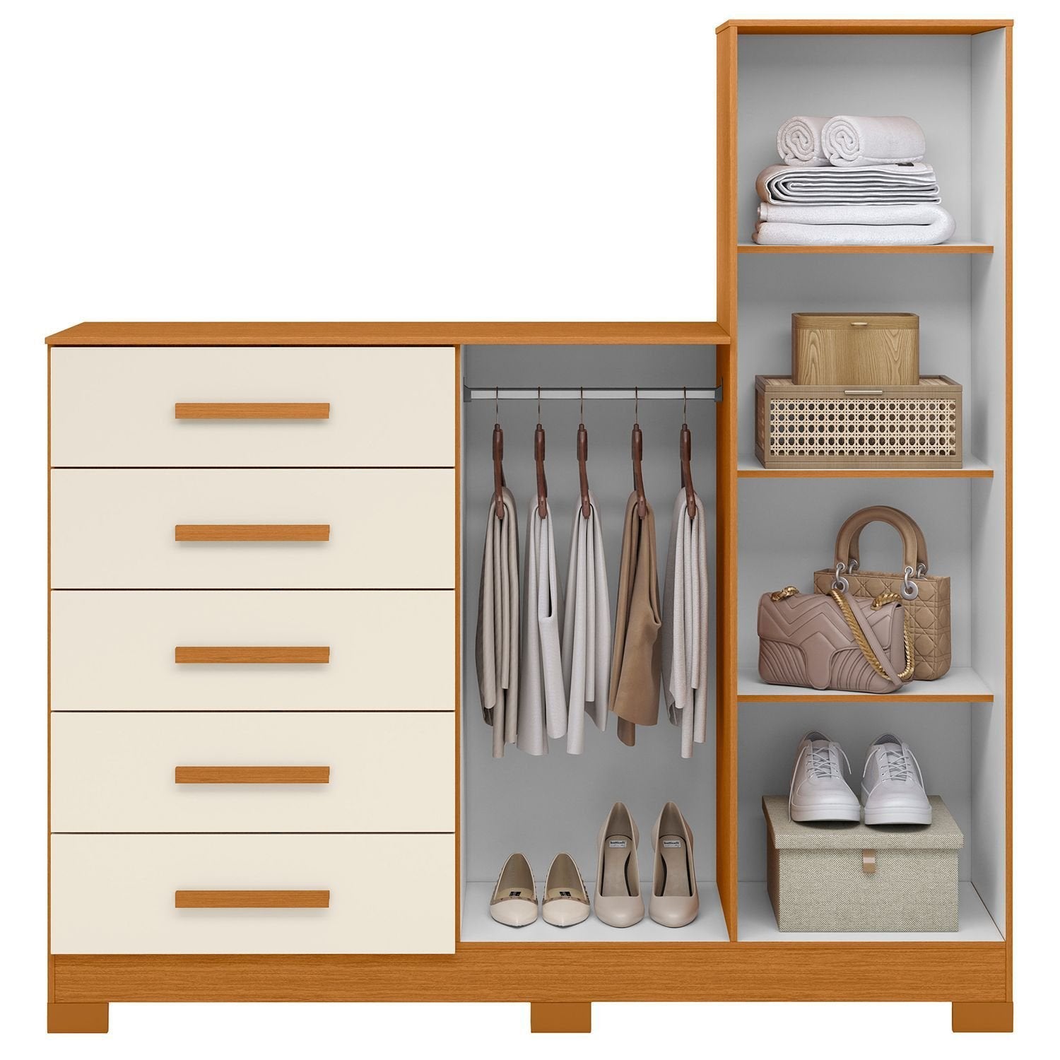 Cômoda para Quarto 5 Gavetas 2 Portas com Espelho New Master Albatroz Móveis Bege/Cinamomo/Off White