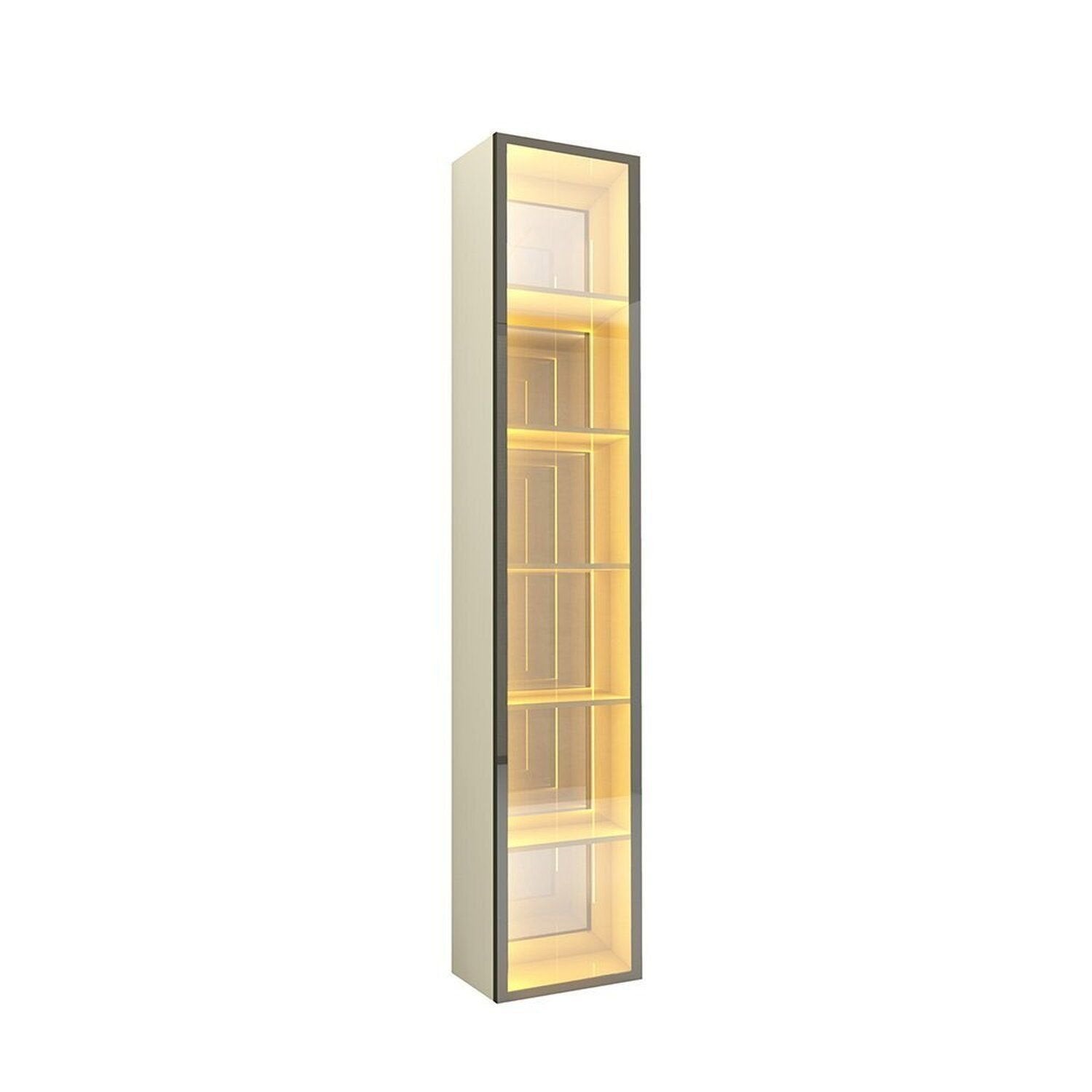 Cristaleira 1 Porta Reflecta com Fita LED e Espelho 100% MDF Luminare Gelius Móveis Bege/Off White