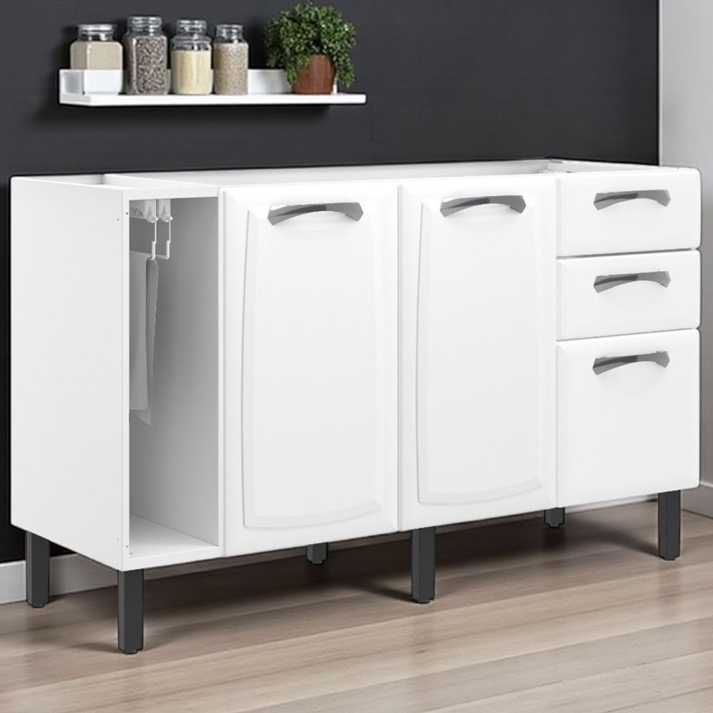 Balcão de Cozinha em Aço 3 Portas 2 Gavetas 140cm com Nicho Toalheiro sem Tampo New Premium Itatiaia Branco