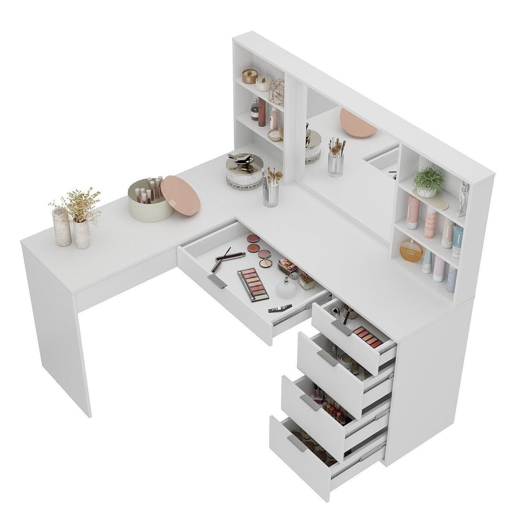Penteadeira Escrivaninha em L com Espelho LED 5 Gavetas 6 Nichos Foscarini Branco