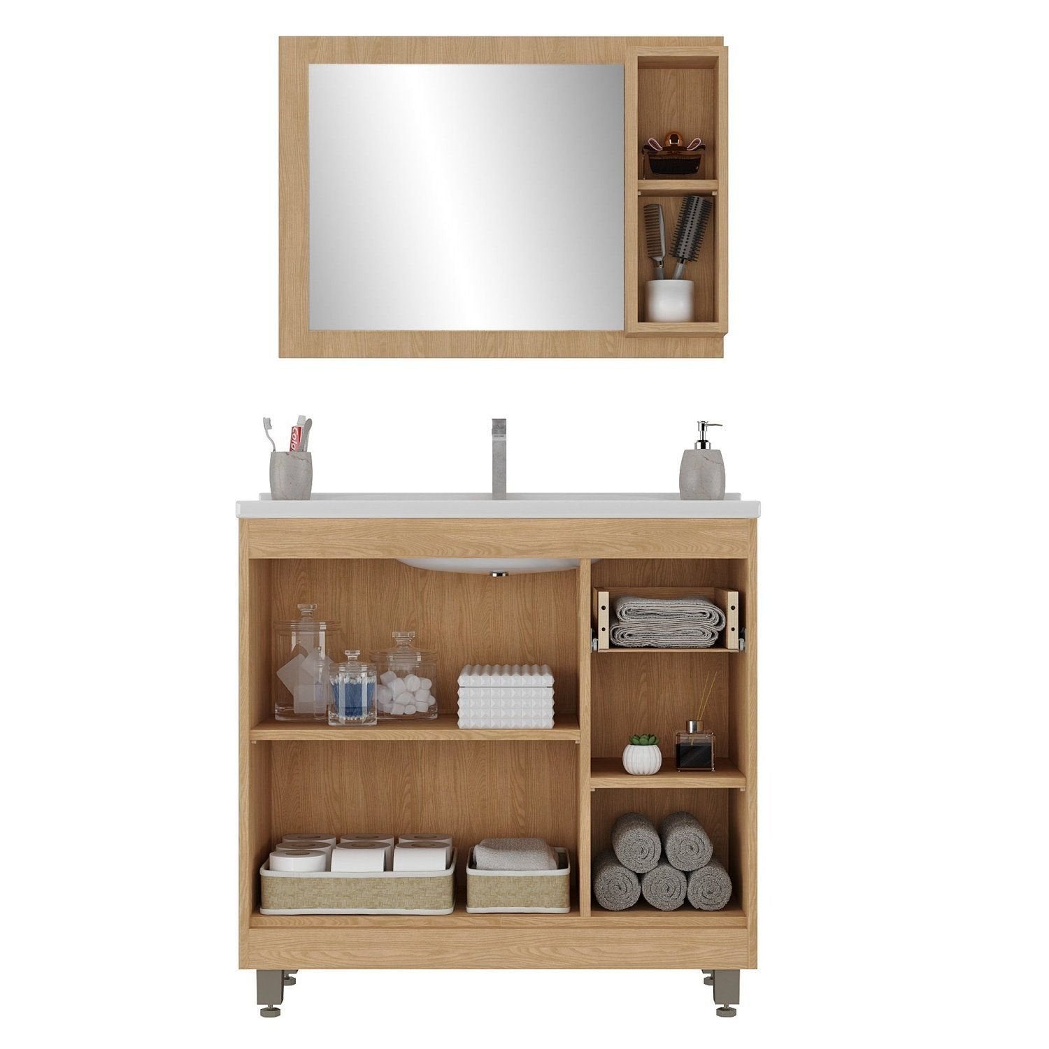 Conjunto para Banheiro Gabinete com Cuba e Espelheira Ozini 3 Portas 80cm Marrom/Carvalho Nature/Arenas