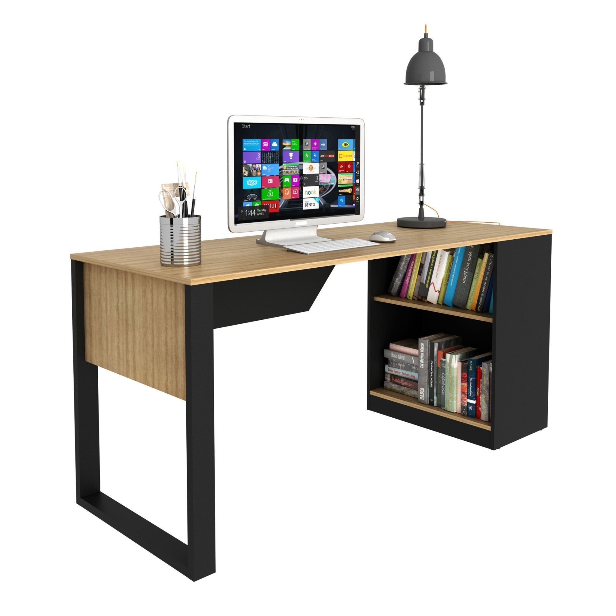 Escrivaninha Mesa Escritório 160cm Amêndoa e Preto Marrom Tecno Mobili ME4182