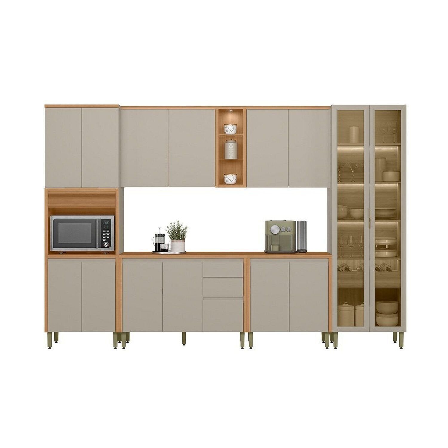 Cozinha Completa Modulada 6 Peças Torre Simples Cristaleira Allure Marrom/Jequitibá/Gris Fosco Linea Brasil
