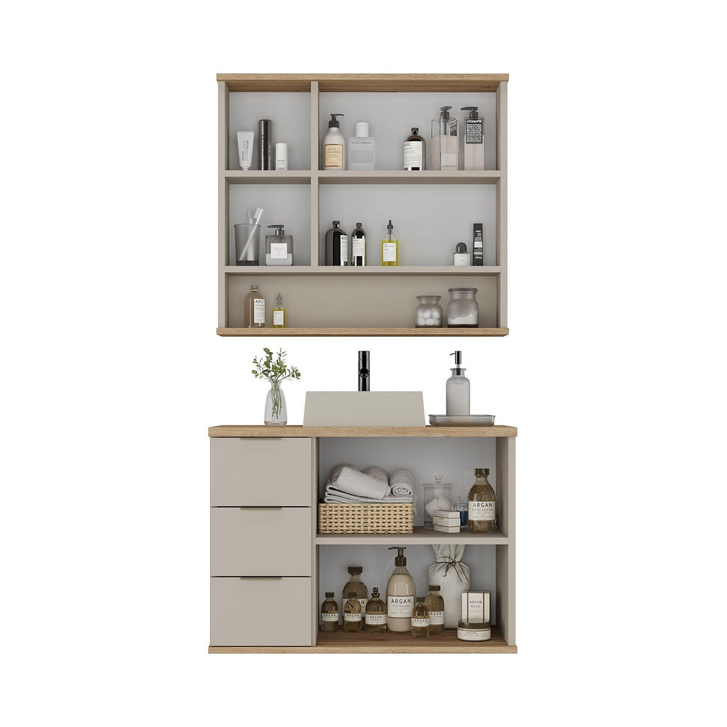 Conjunto para Banheiro Completo com Gabinete, Cuba e Espelheira York Estilare 76cm Bege/Nude